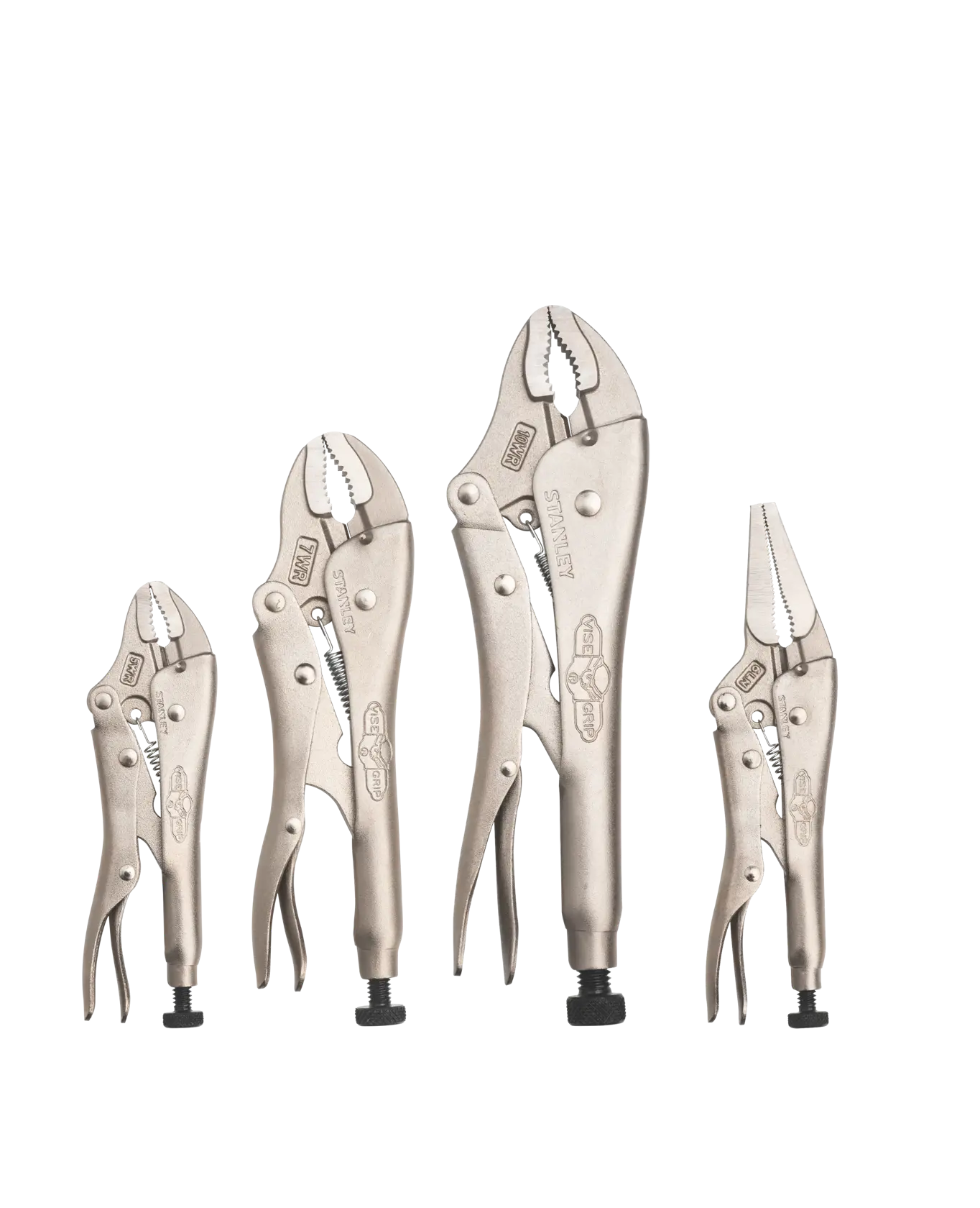 STANLEY FMHT84940-0 Set aus fünf silbernen Feststellzangen, verschiedene Maulformen, Frontansicht, weißer Hintergrund.