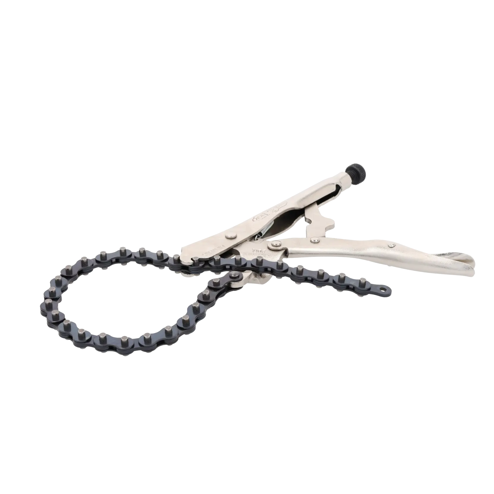 Ein Metall-Kettenzangenwerkzeug mit silbernem Griff, das zum Greifen und Halten von runden Gegenständen entwickelt wurde. Die Kette bildet eine Schleife und ist an den Feststellzangen befestigt.