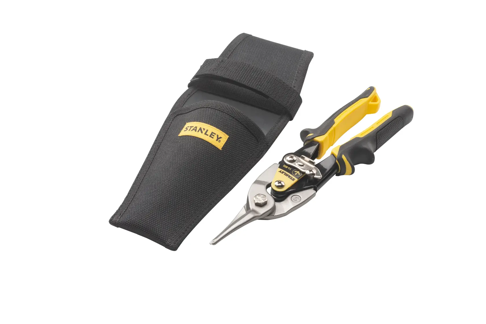 Stanley FatMax yellow-handled aviation snips with black sheath, shown on a white background.