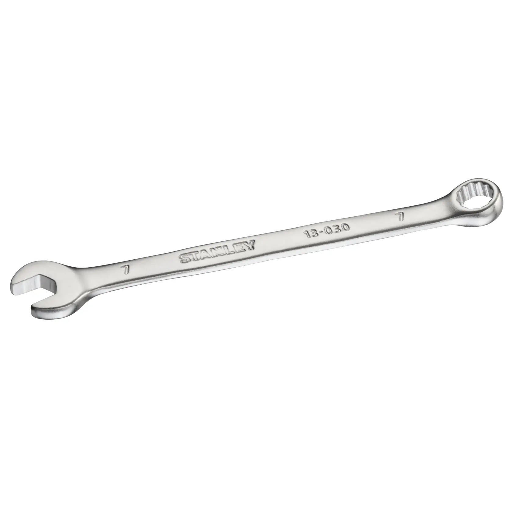 Photo of STANLEY FMMT13030-0 combination spanner, 7mm, silver metal, flat lay on white background.