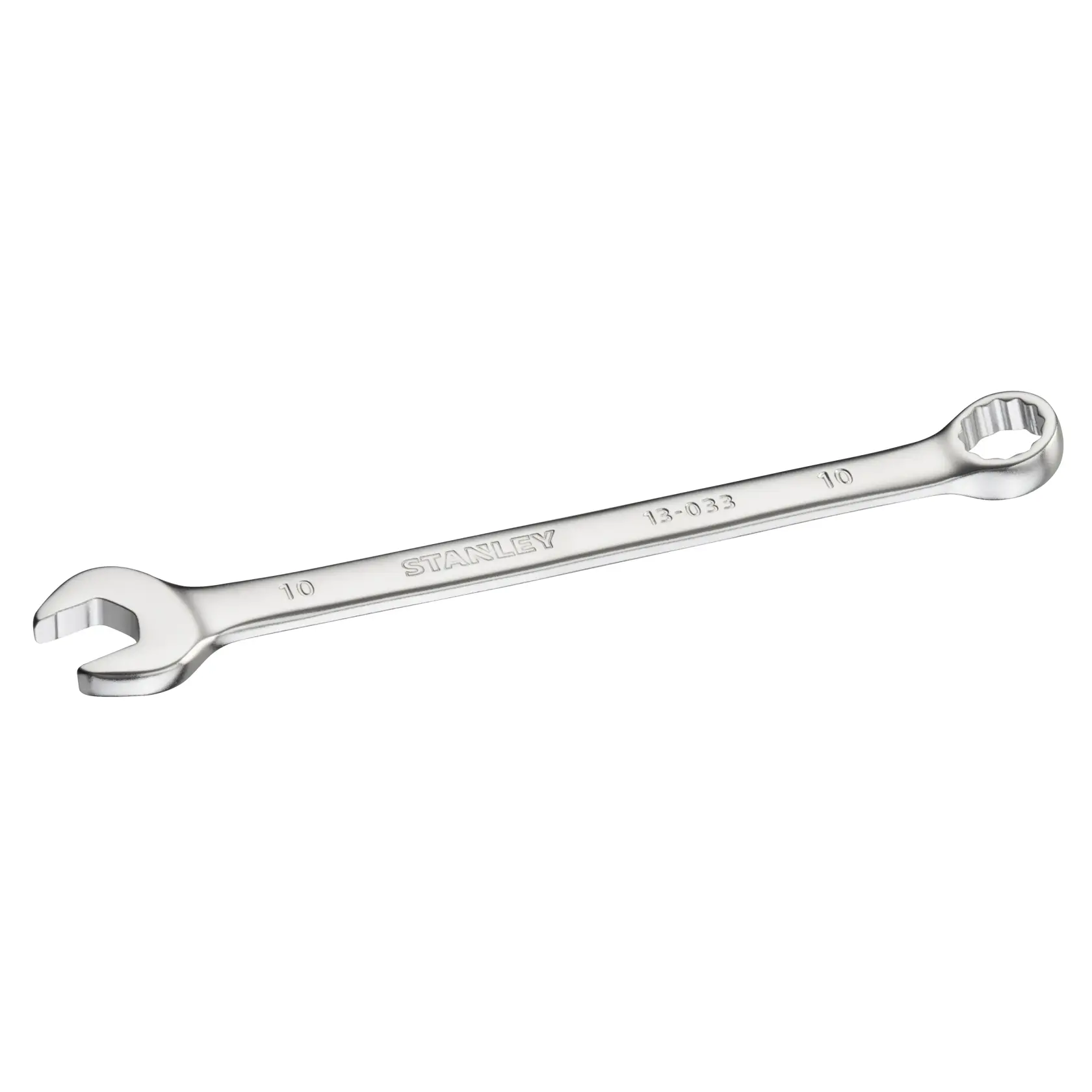 STANLEY FMMT13033-0 Kombinationsschlüssel silber, 10 mm Größe, Produktfoto aus angewinkelter Draufsicht.