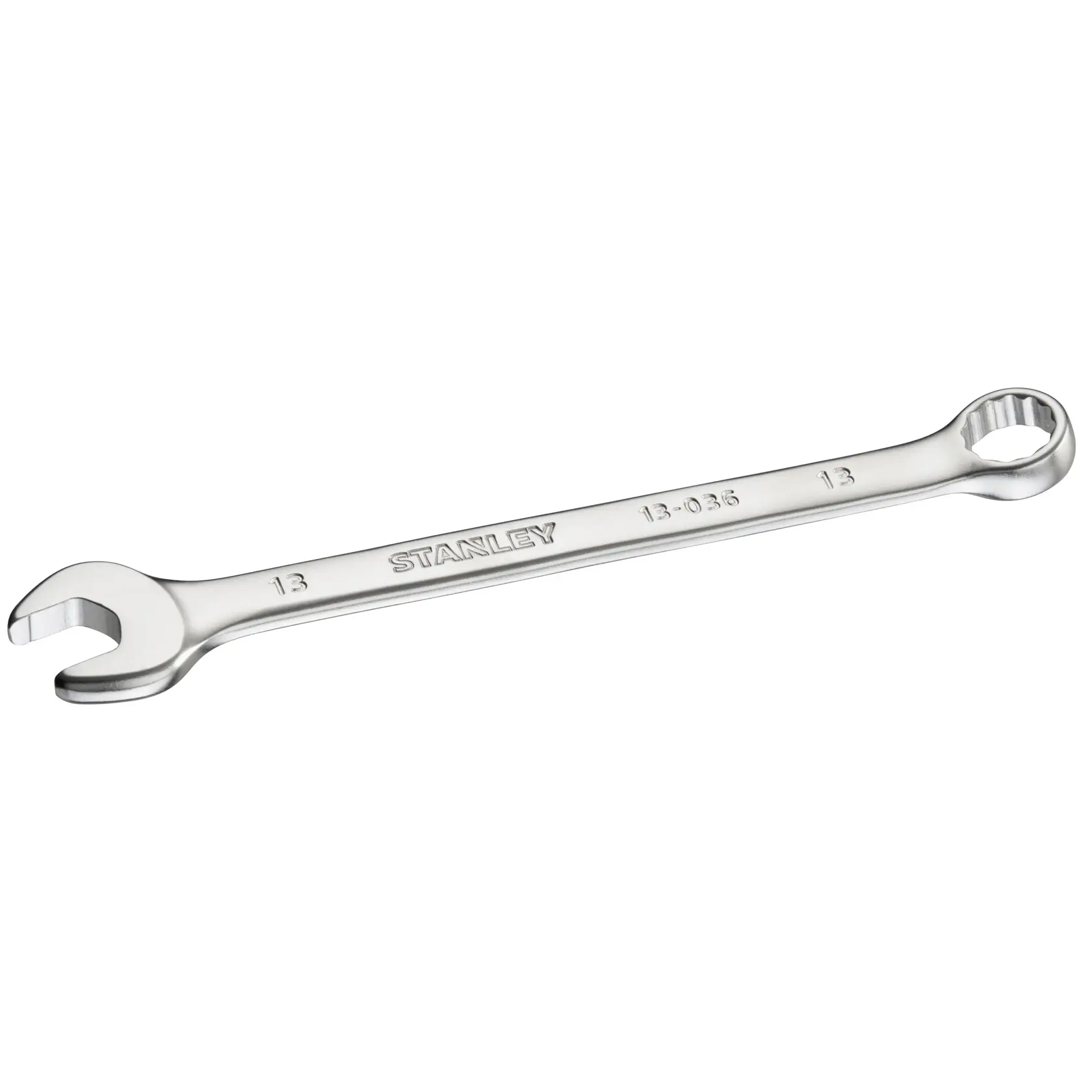 STANLEY FMMT13036-0 Kombinationsschlüssel, silber, mit offener und Ringseite, schräge Ansicht auf weißem Hintergrund.