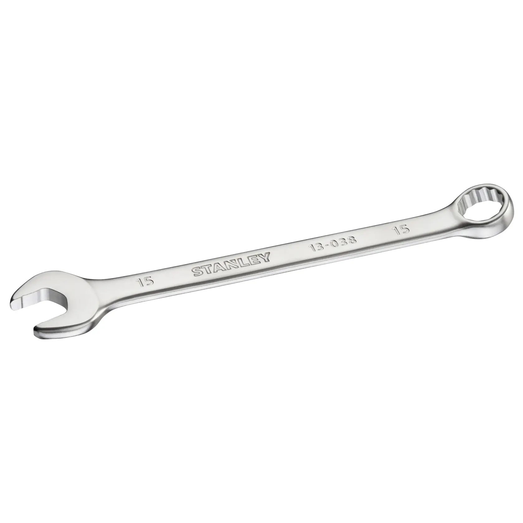 STANLEY FMMT13038-0 combination wrench, silver metal, 15mm size, angled on white background.