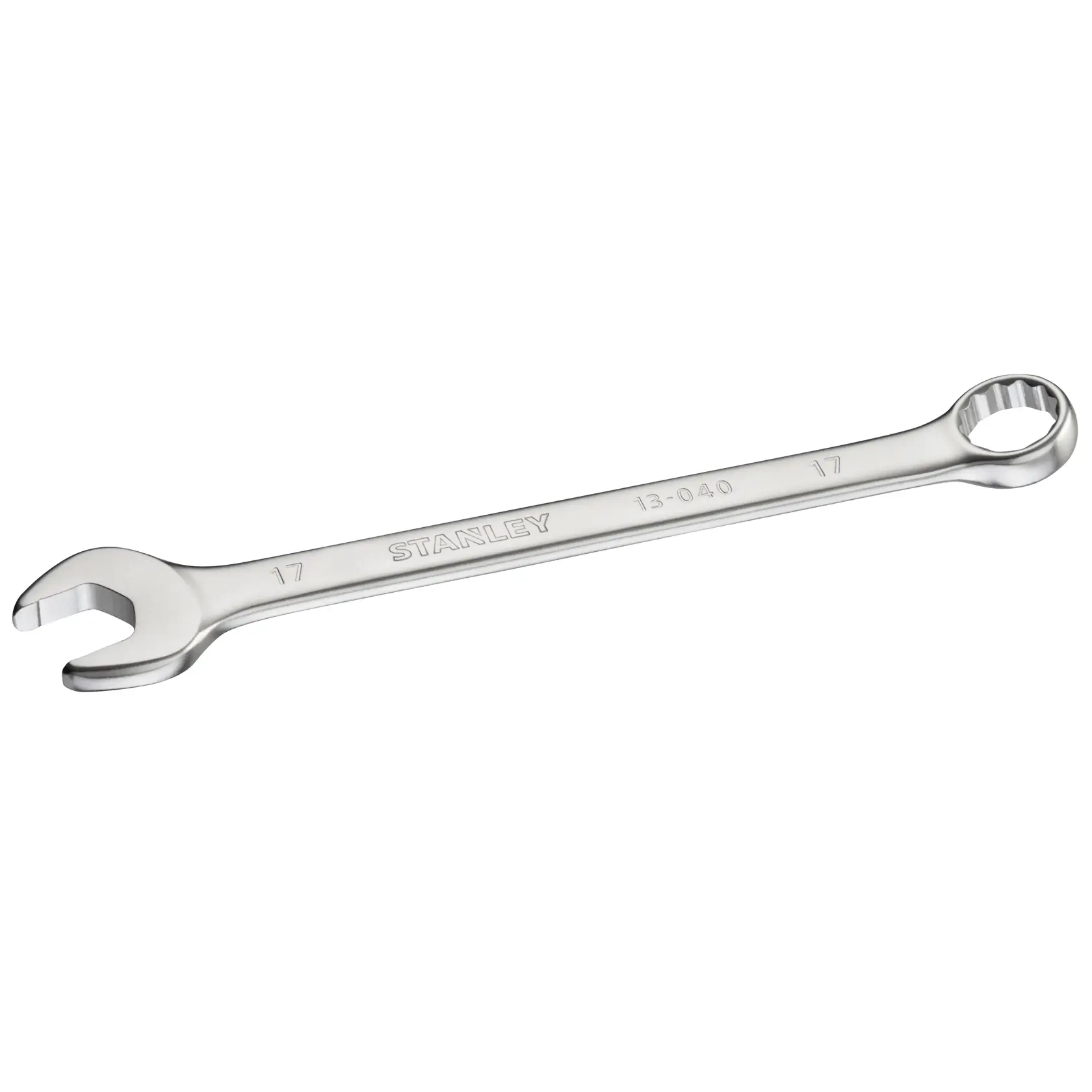 STANLEY FMMT13040-0 Kombinationsschlüssel, silber, rechte Seitenansicht, offene und Ringseite sichtbar.