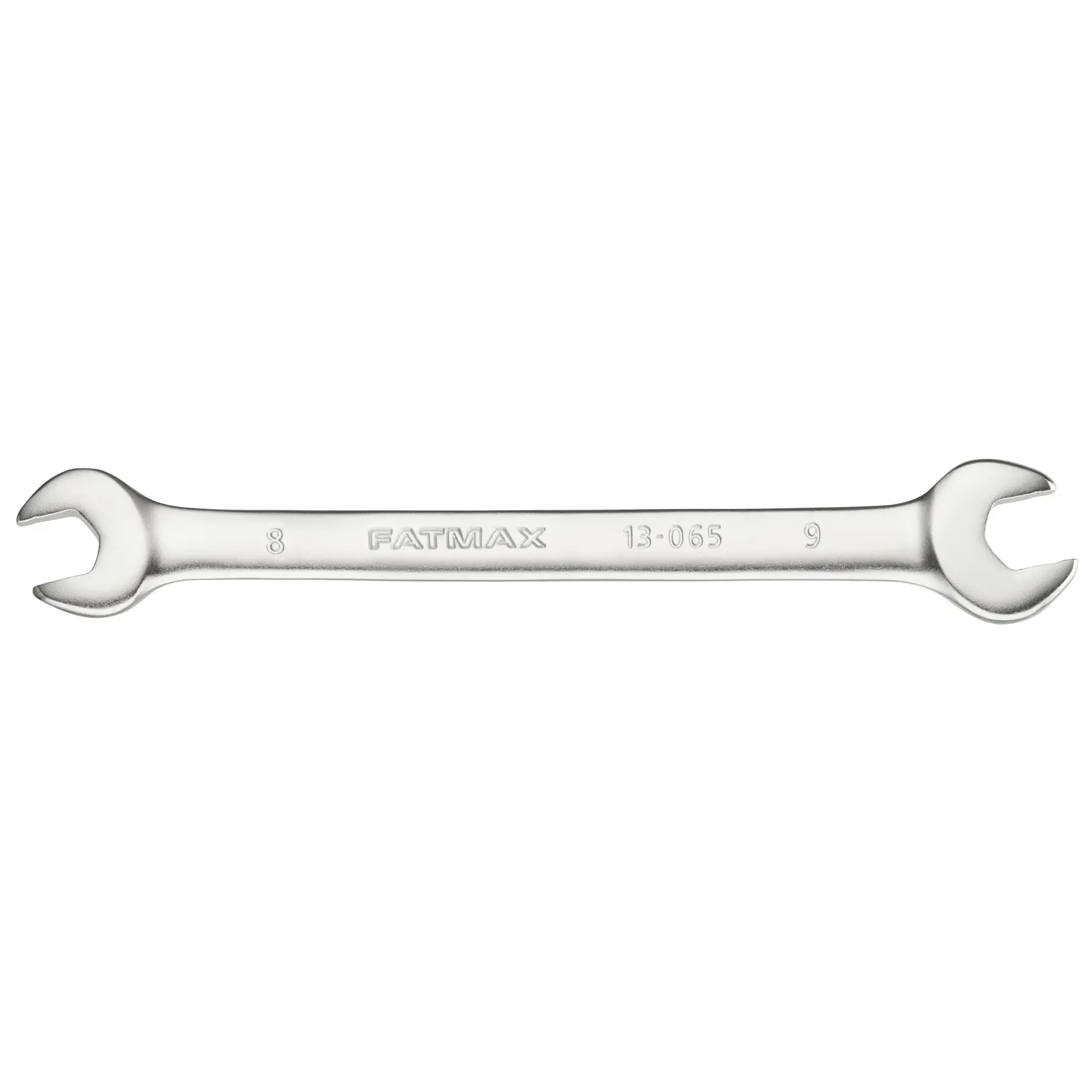 Photo of STANLEY FMMT13065-0 open-end wrench, silver, double-ended, flat view on white background.