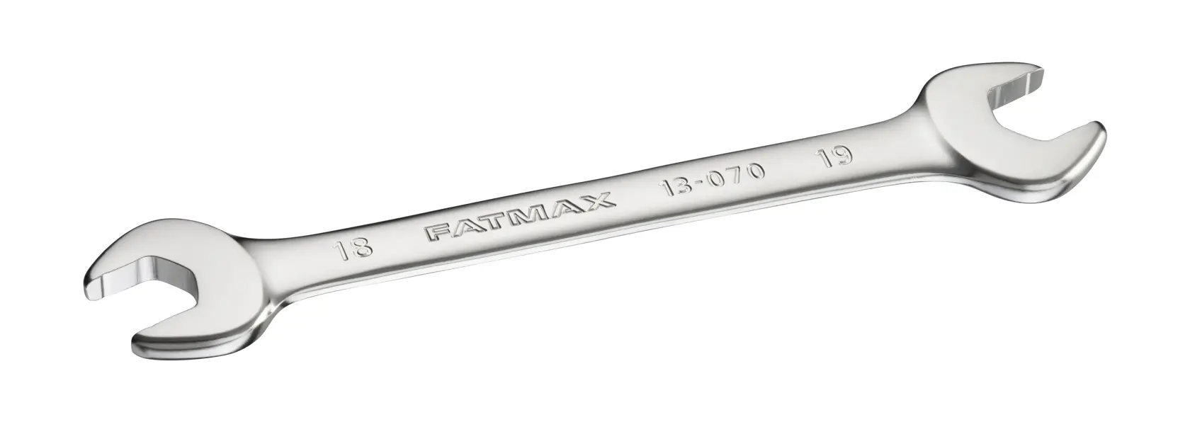 Glänzender Doppelmaulschlüssel, Größen 13mm und 19mm, FATMAX-Beschriftung auf dem Werkzeug.
