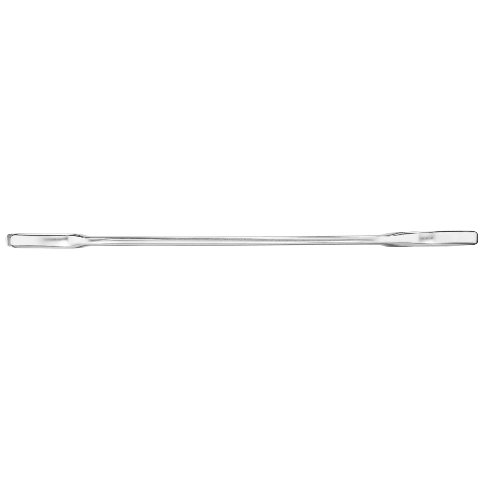 STANLEY FMMT13073-0 flat chrome pry bar, straight-on angle, silver metallic finish.