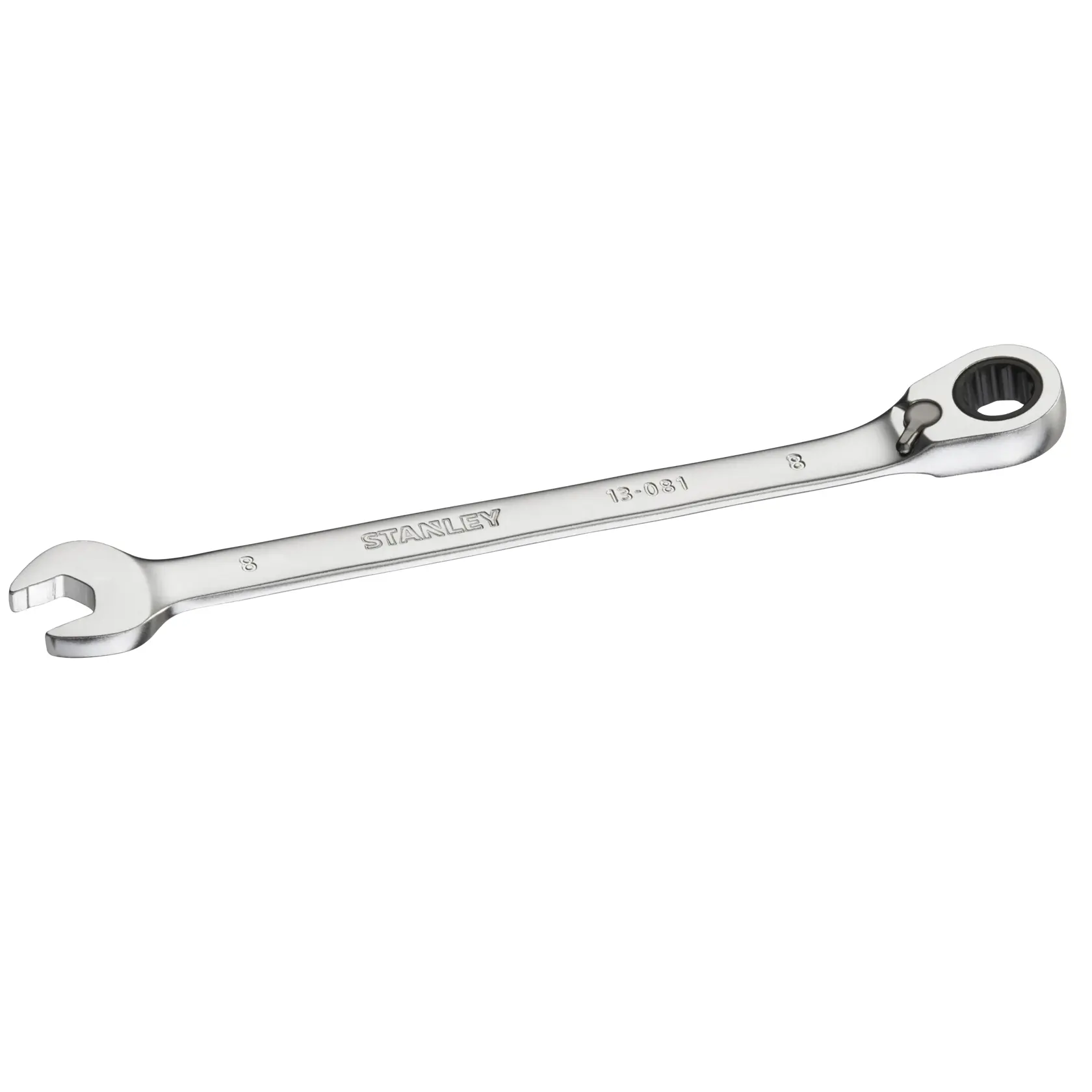 STANLEY FMMT13081-0 Ratschen-Ringschlüssel, Chrom-Finish, Frontansicht auf weißem Hintergrund.