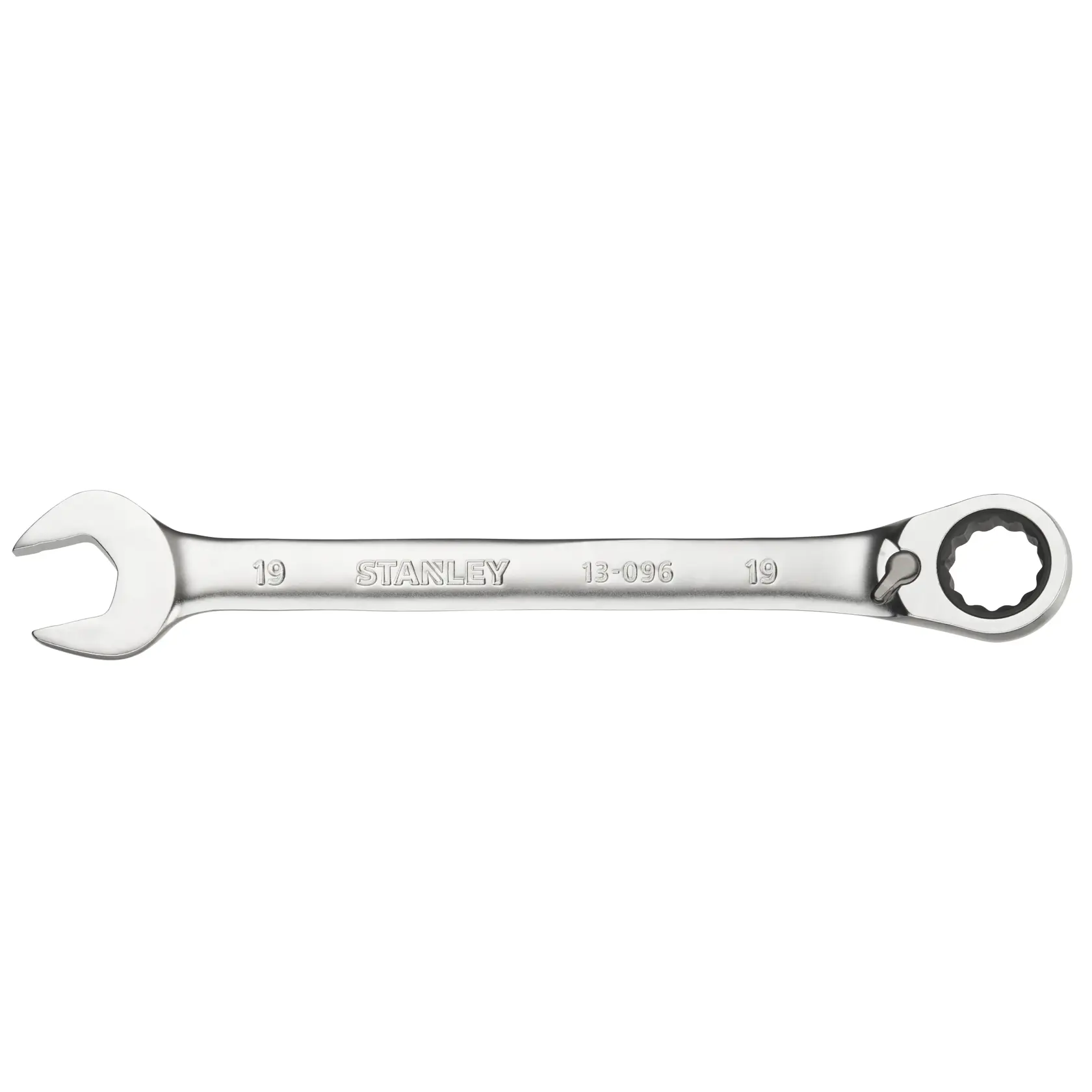 STANLEY FMMT13096-0 Ratschen-Ringmaulschlüssel, silberfarbenes Metall, offene und Ringschlüssel, Draufsicht auf weißem Hintergrund.