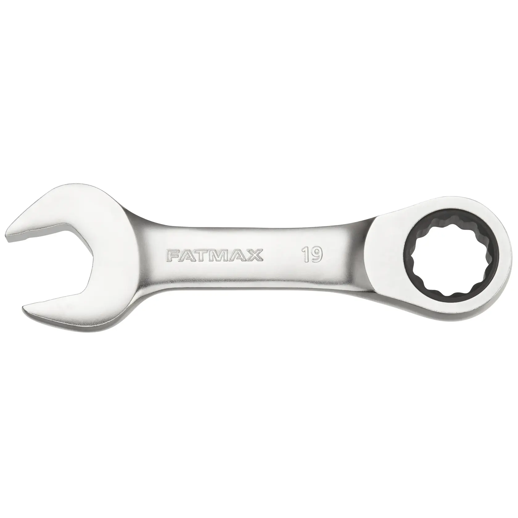 STANLEY FMMT13115-0 ratcheting combination wrench, silver, front angle photo.
