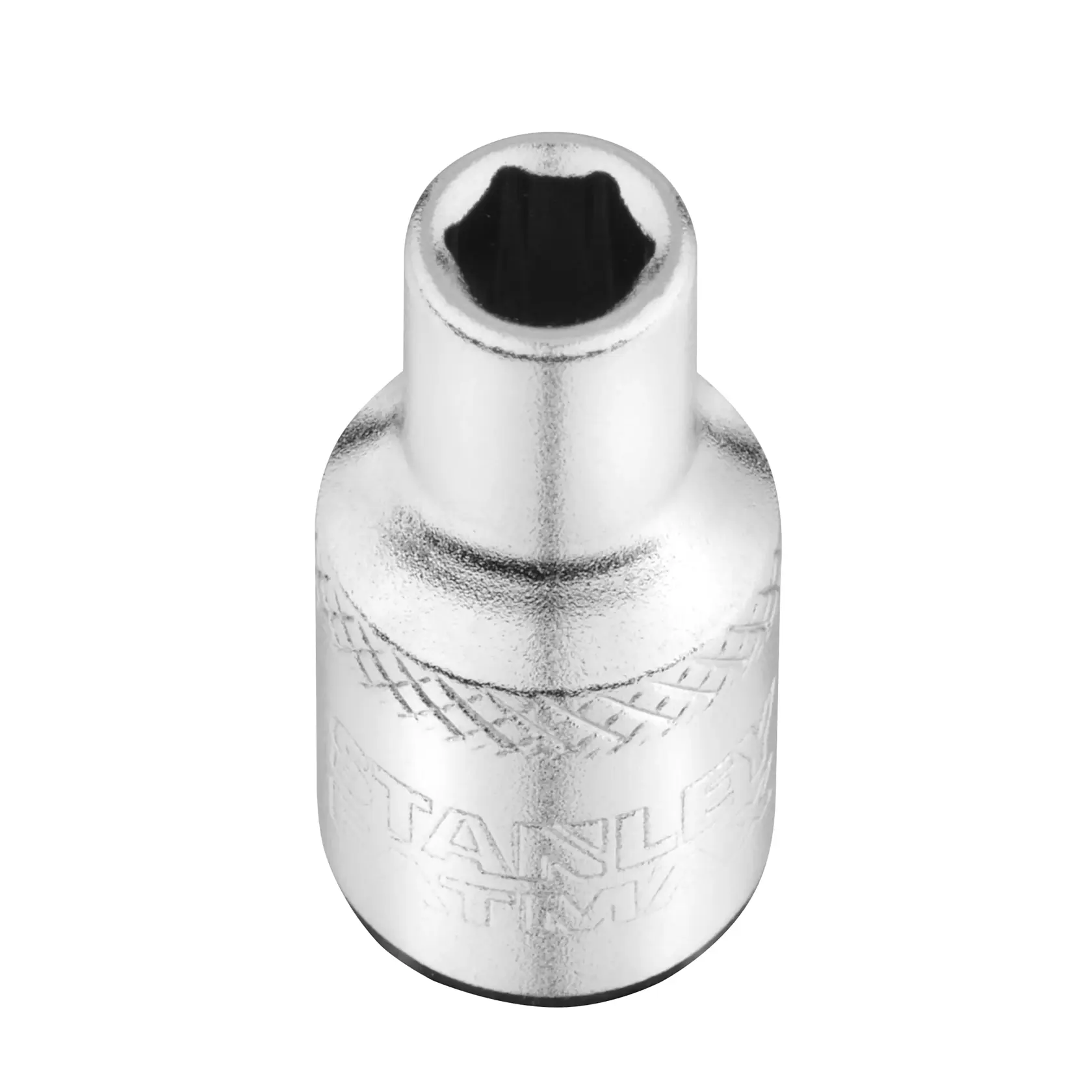 STANLEY FMMT17186-0 Chrom-Steckschlüssel, obere Ansicht, gerändelter Griff, Fotografie mit weißem Hintergrund.