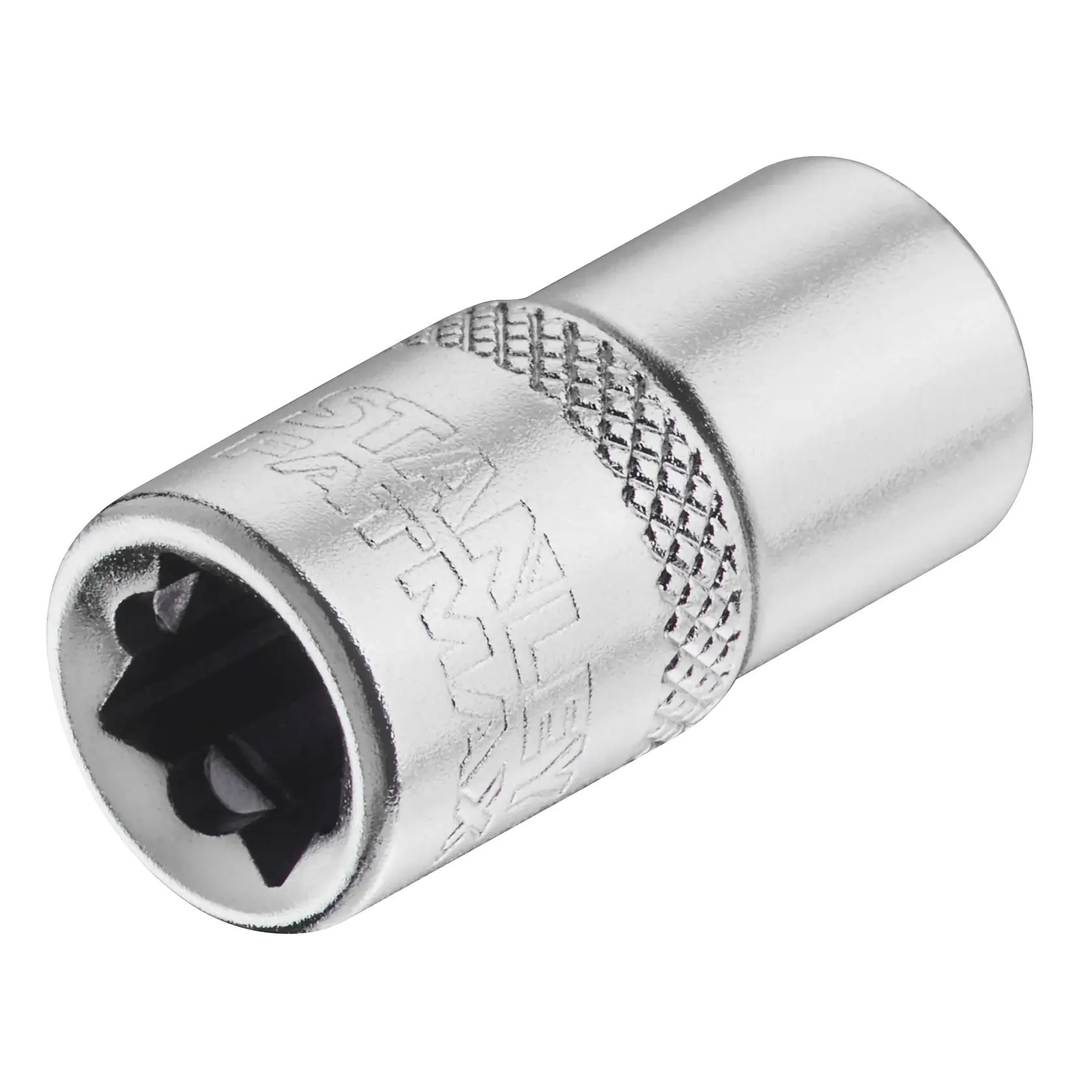 STANLEY FMMT17192-0 verchromte Stecknuss mit Rändelung, Nahaufnahme auf weißem Hintergrund.