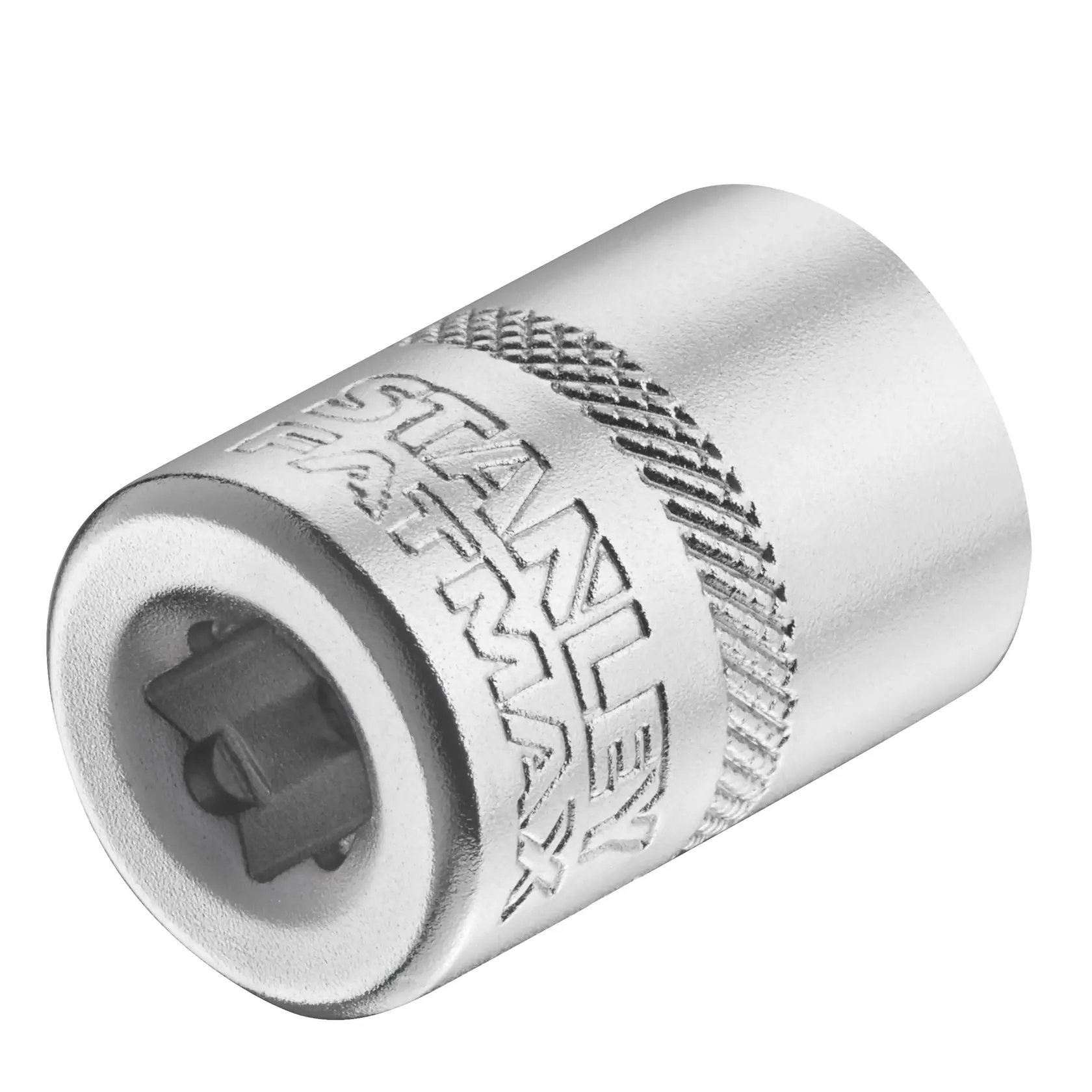 STANLEY FMMT17197-0 verchromter Stecknussadapter, zylindrisch mit Rändelung, Nahaufnahme auf weißem Hintergrund.