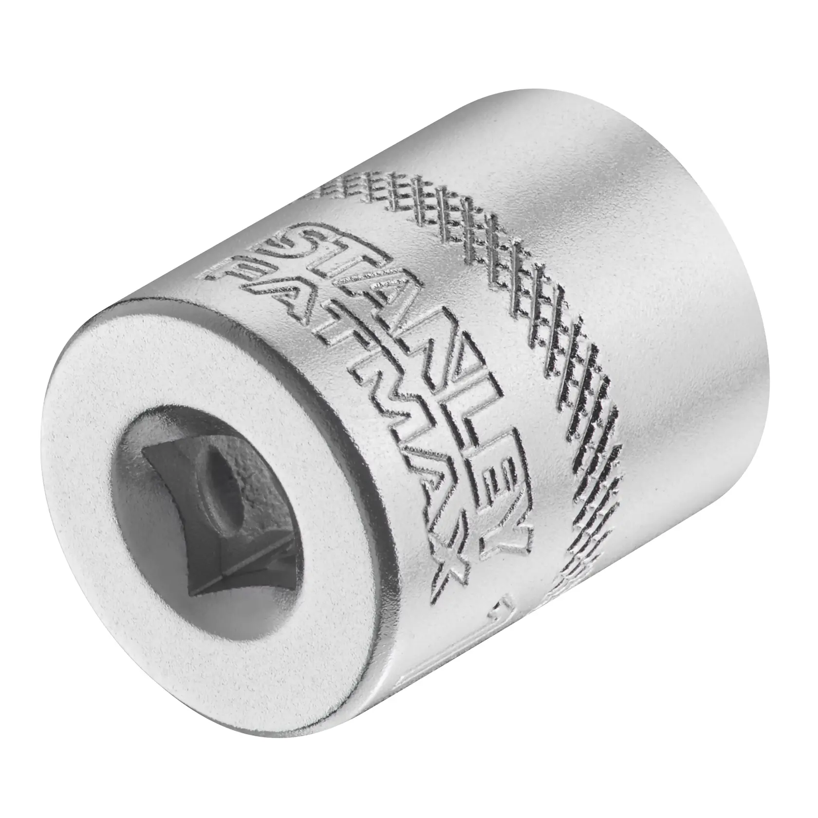 STANLEY FMMT17207-0 verchromter Steckschlüssel, Nahaufnahme, gerändelter Griff und eingraviertes Logo.