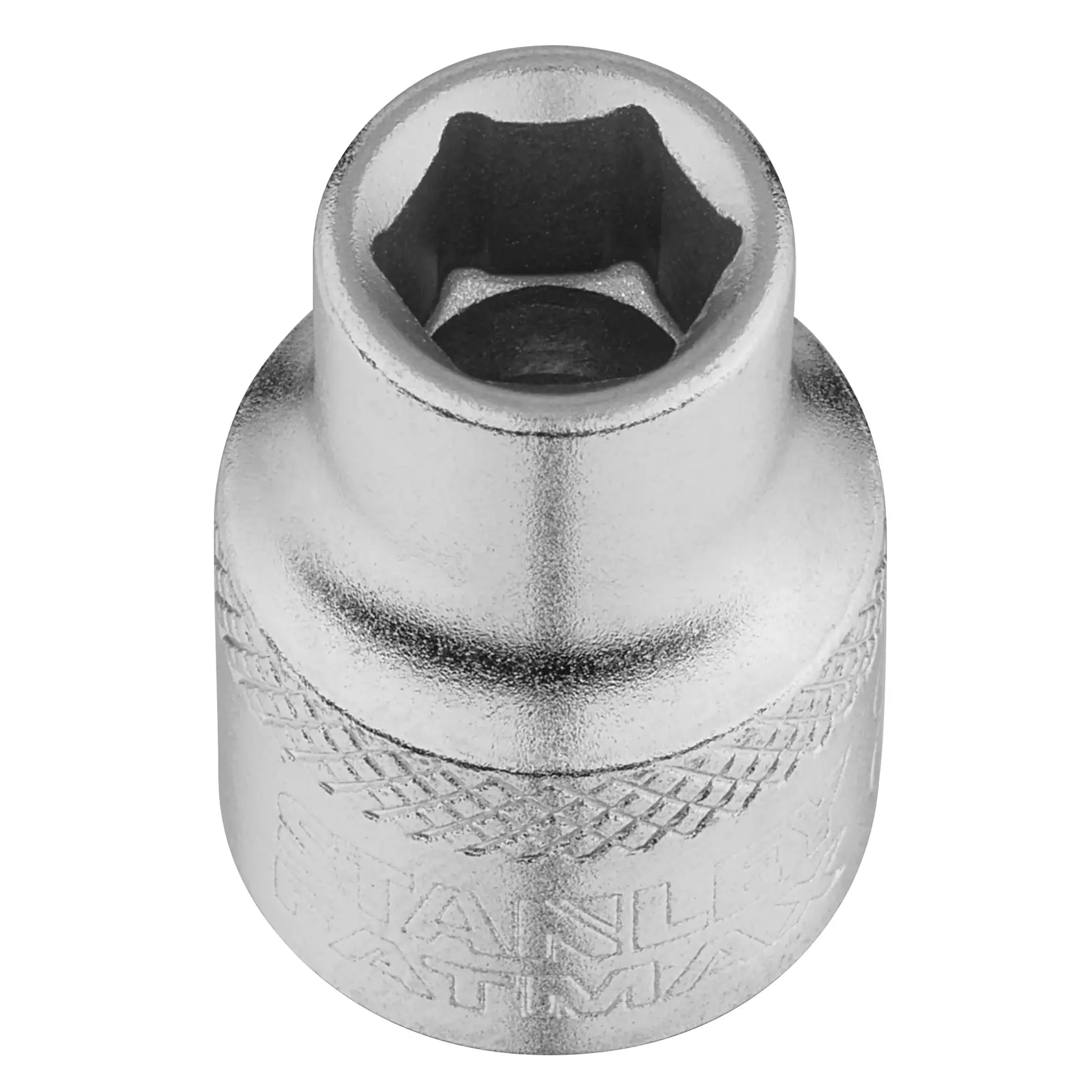 STANLEY FMMT17208-0 Chrom-Stecknuss, Draufsicht, kompaktes Design mit gerändeltem Griff, weißer Hintergrund.