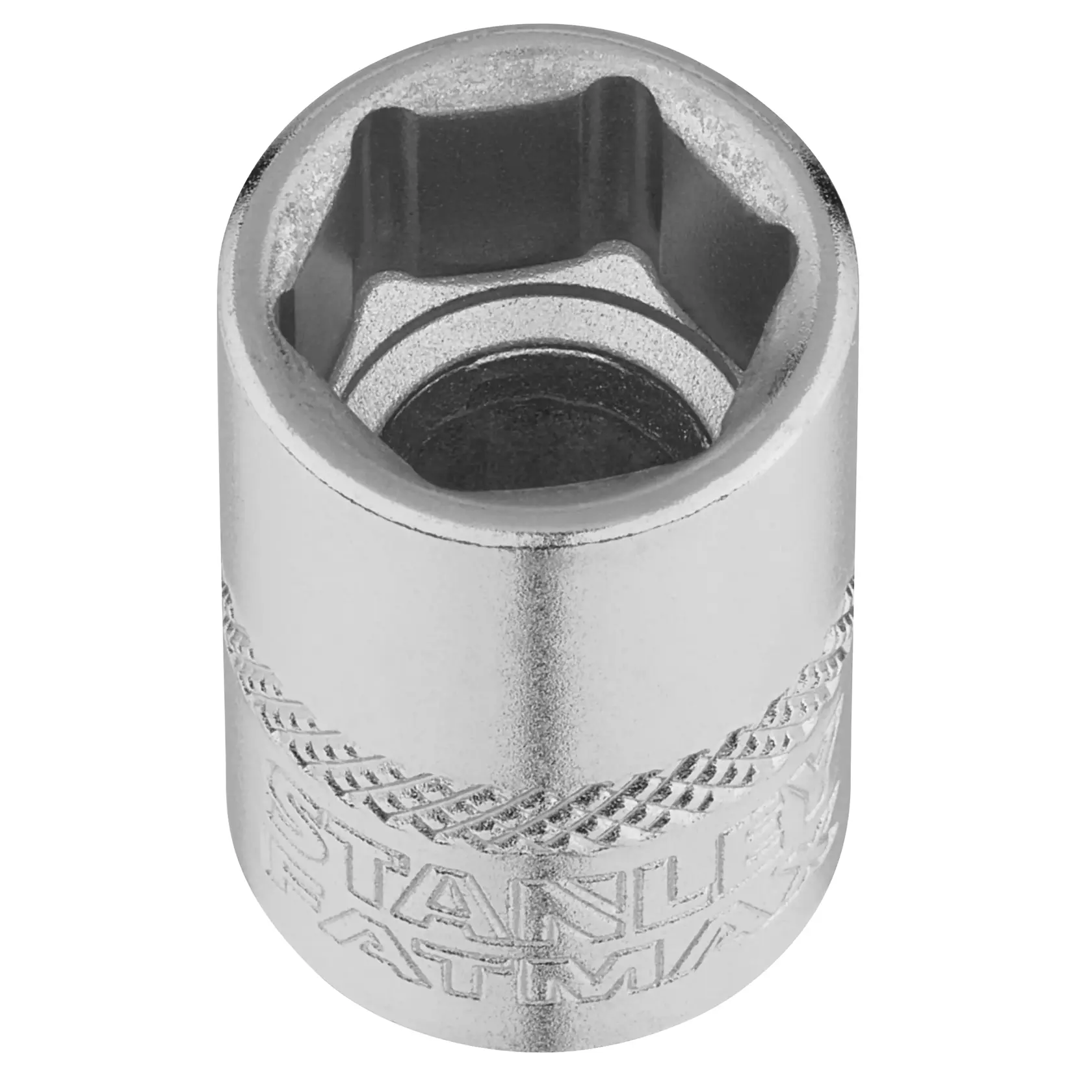 STANLEY FMMT17212-0 Chrom-Stecknuss, sechskant, kompakt, Gravur, Fotografie aus oberer Ansicht mit weißem Hintergrund.