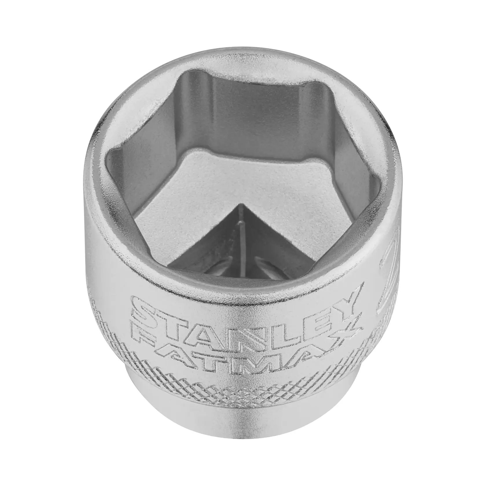 STANLEY FMMT17222-0 Stecknuss, Chrom-Finish, Draufsicht vor weißem Hintergrund, Werkzeug mit Rändelgriff.