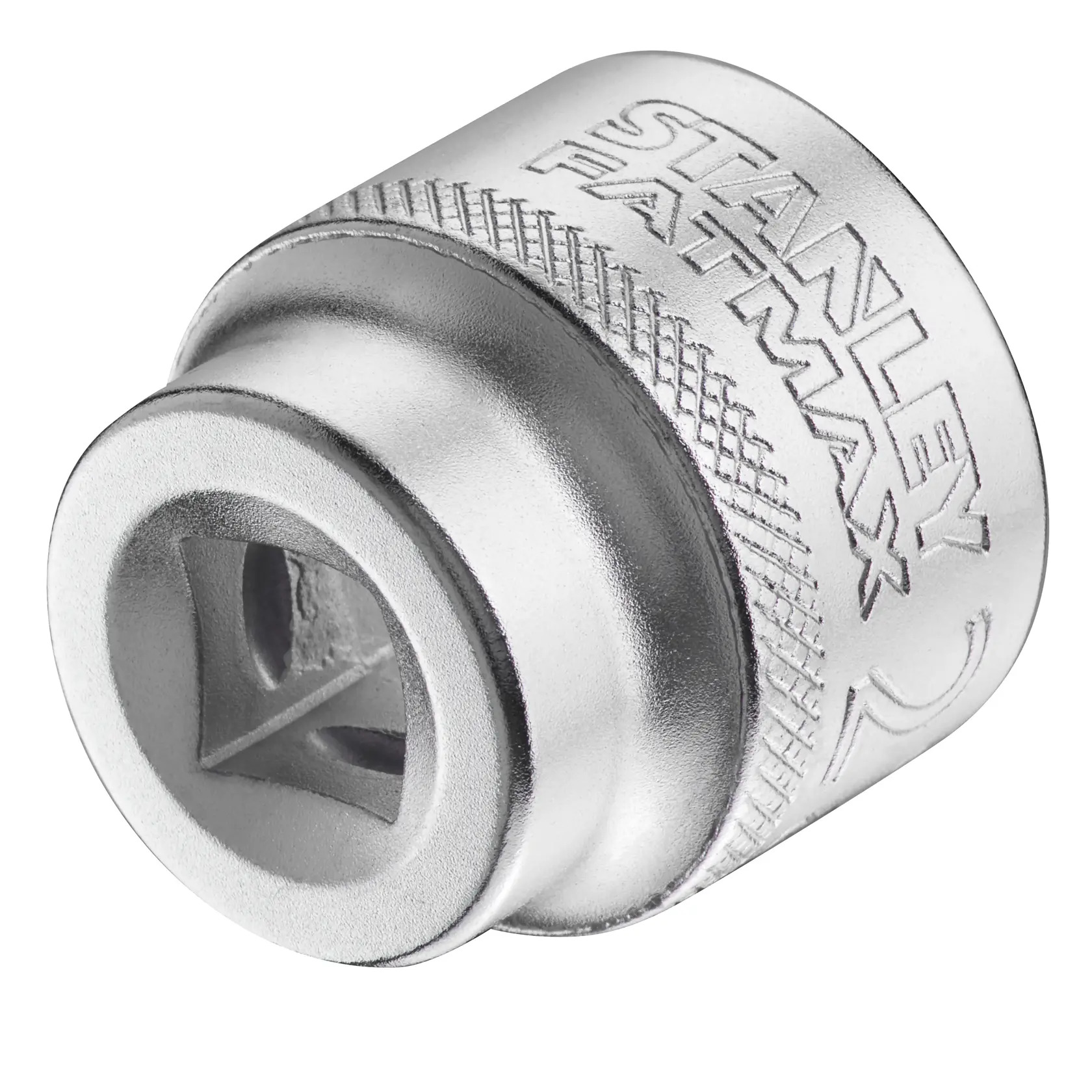 STANLEY FMMT17222-0 Chrom-Stecknussadapter, gerändelter Griff, Fotografie, schräg auf weißem Hintergrund.