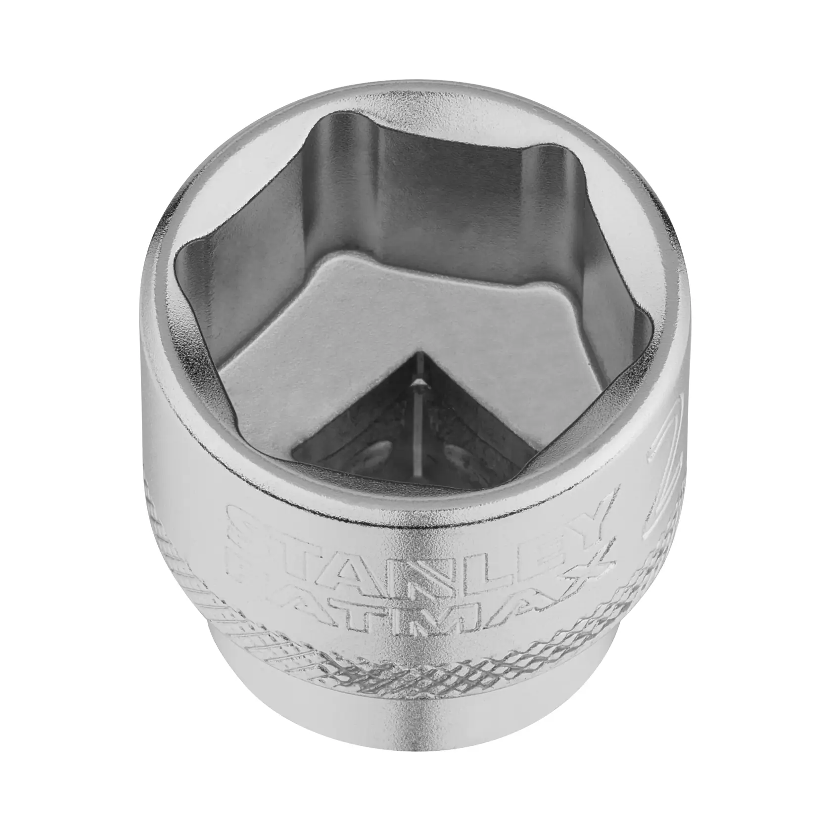 STANLEY FMMT17223-0 Chrom-Steckschlüssel, Nahaufnahme aus oberem Winkel, sechskantiges Innenprofil.