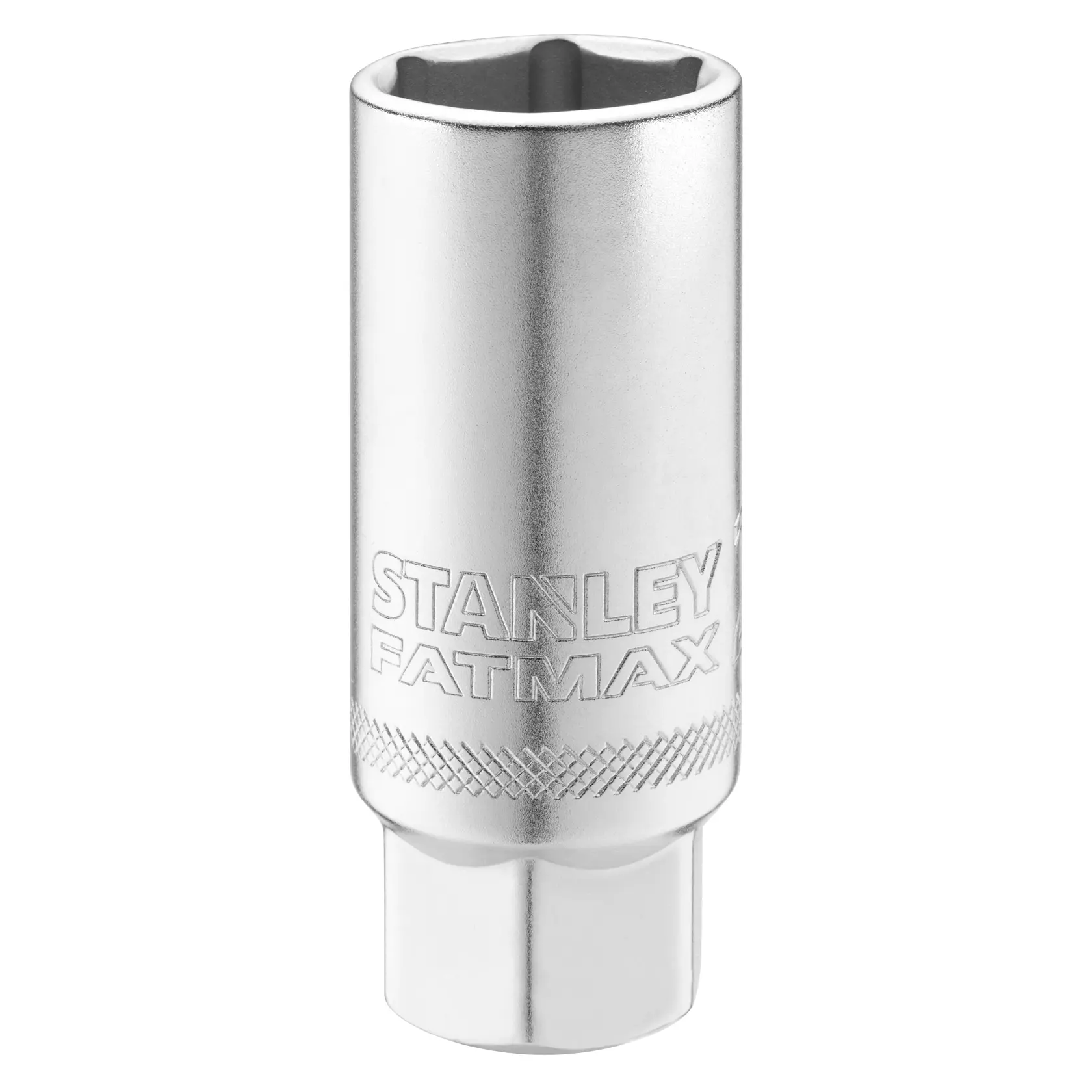 Foto der verchromten STANLEY FMMT17226-0 Stecknuss mit STANLEY FATMAX Logo, Frontansicht vor weißem Hintergrund.