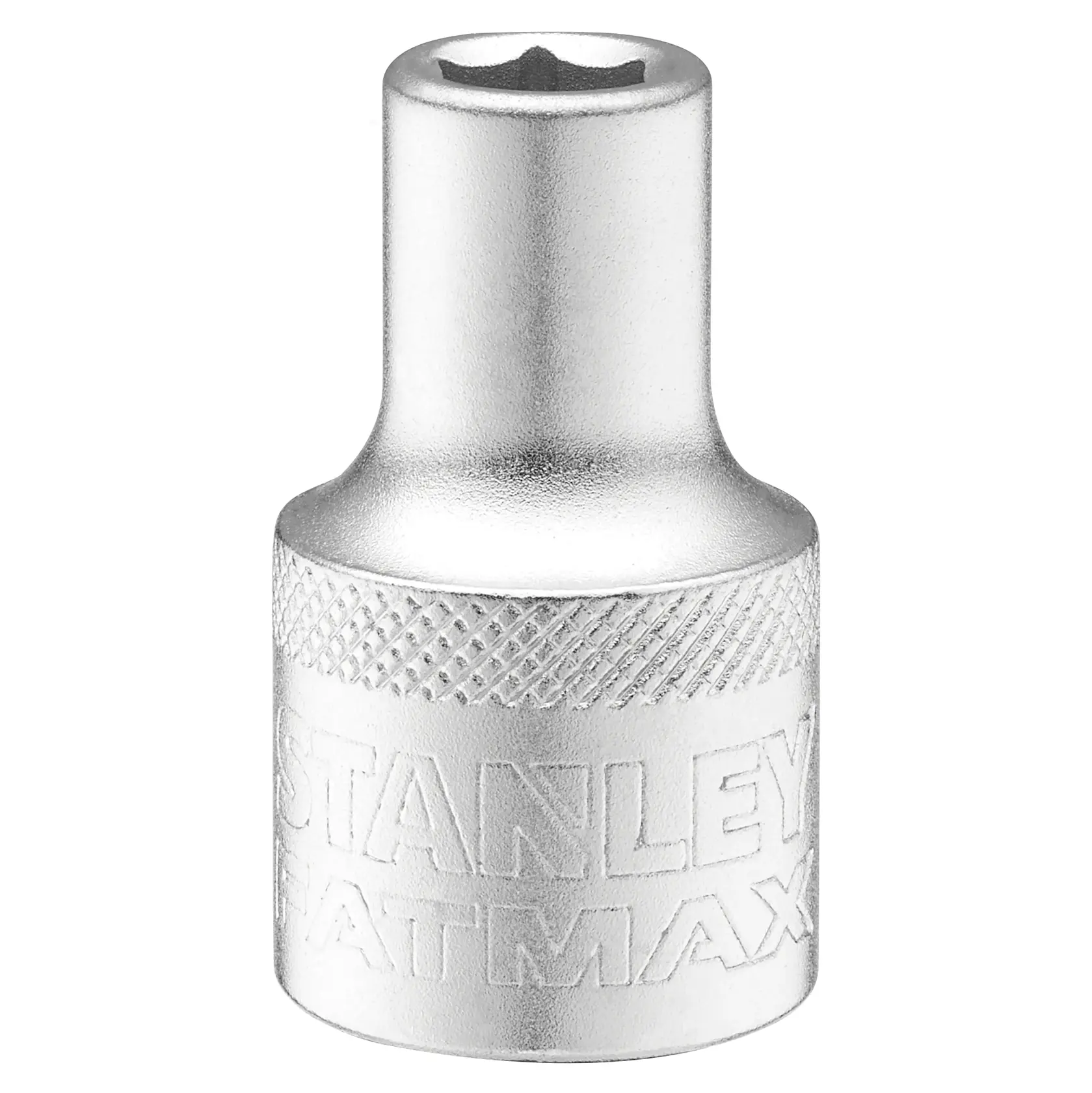 STANLEY FMMT17227-0 silberne Stecknuss mit gerändeltem Griff, Frontalansicht auf weißem Hintergrund, Handwerkzeugzubehör.