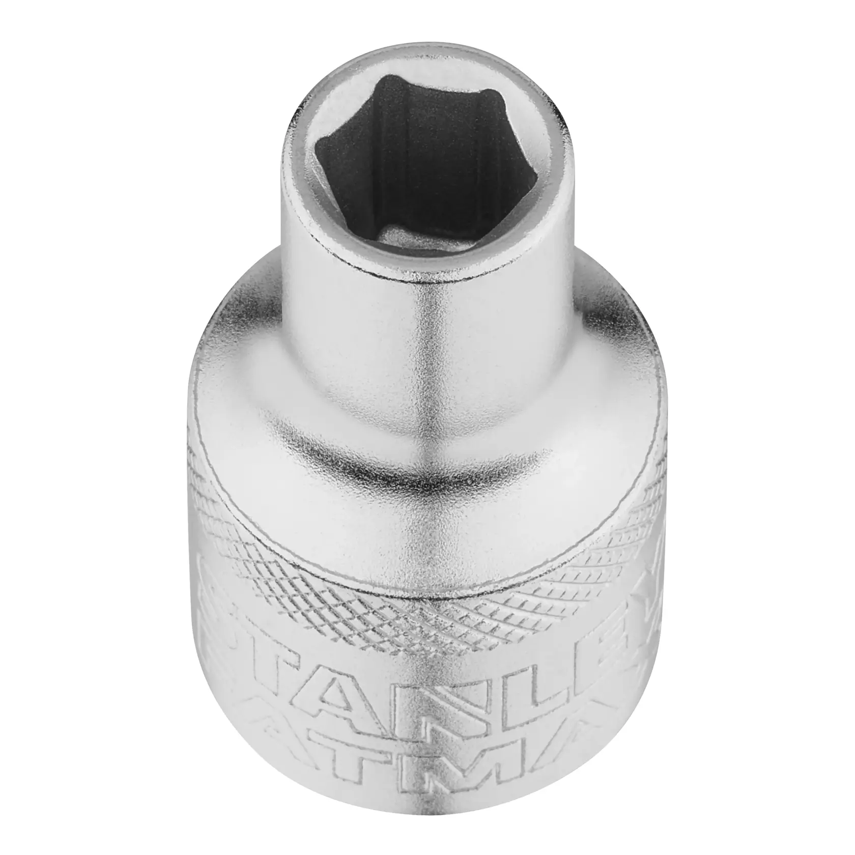 STANLEY FMMT17227-0 Chrom-Stecknuss, obere Ansicht, mit Rändelung und eingraviertem Logo, Handwerkzeugzubehör.