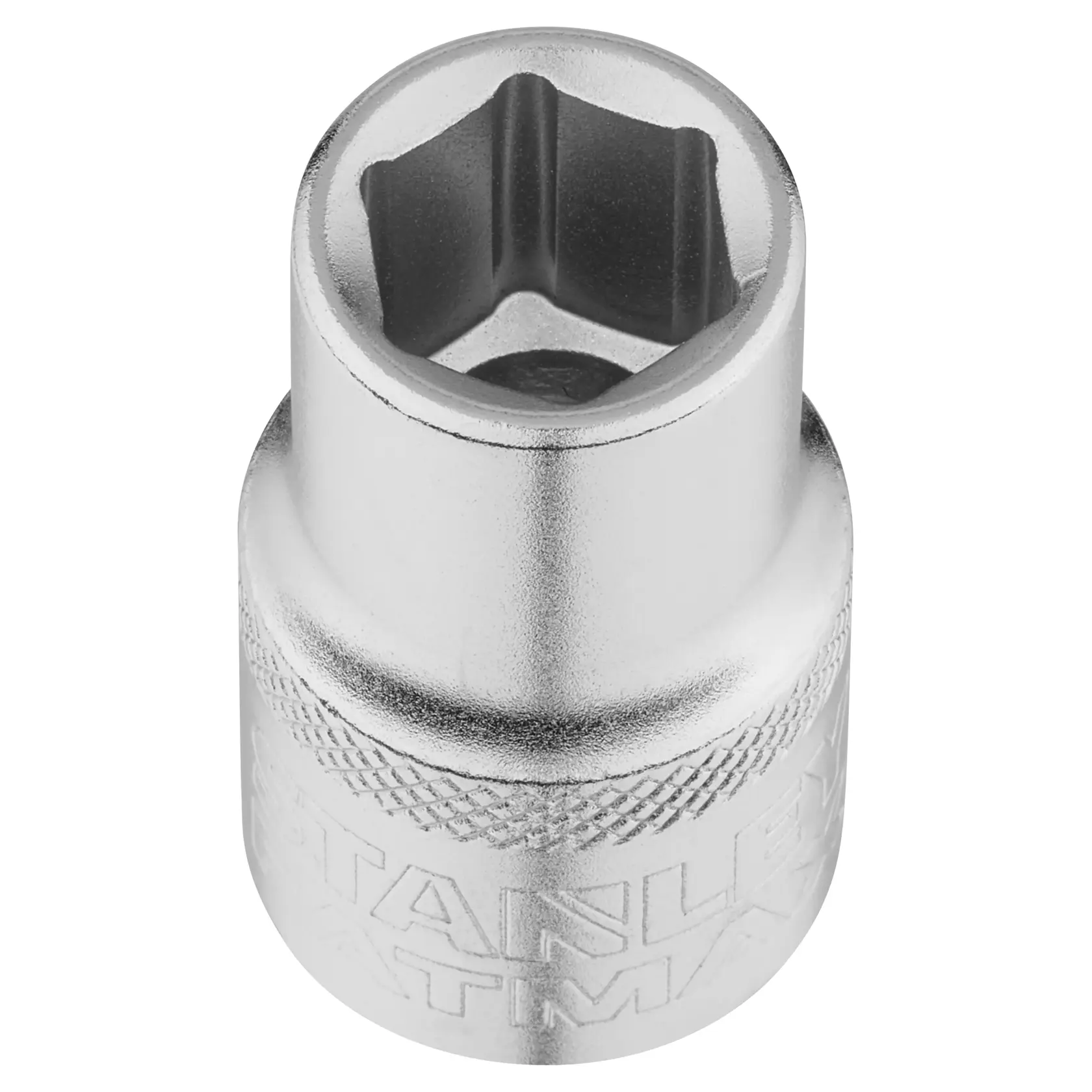 STANLEY FMMT17231-0 chrome socket, 6-point, photographed at a high angle on white background.