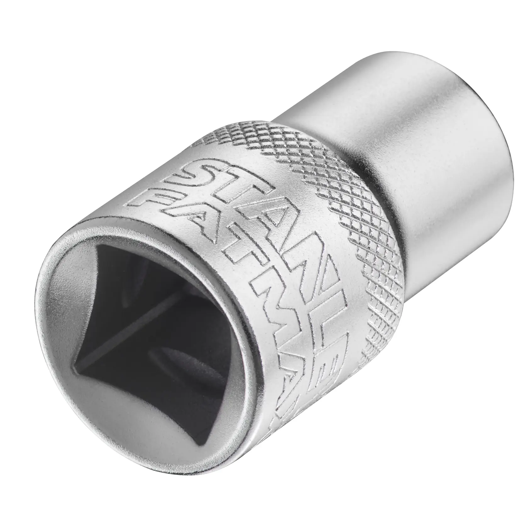 STANLEY FMMT17231-0 chrome socket, close-up angled view, engraved branding, knurled grip, photography on white.