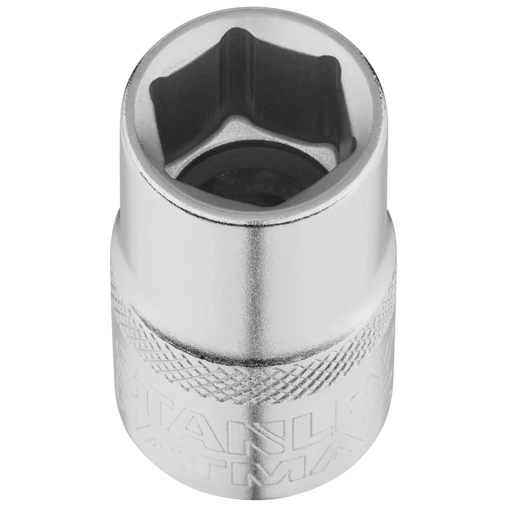 STANLEY FMMT17233-0 Chrom-Steckschlüssel, sechseckiges Design, Nahaufnahme aus Frontansicht, Handwerkzeugzubehör.