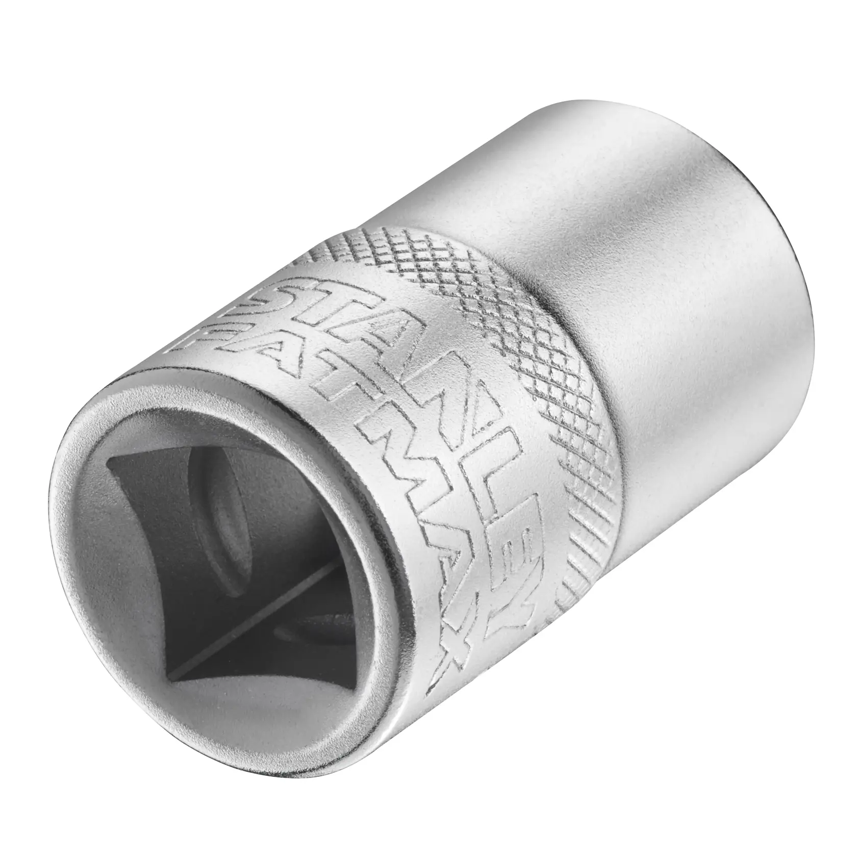 Foto der STANLEY FMMT17235-0 Chrom-Metall-Stecknuss mit gerändeltem Griff, schräge Ansicht auf weißem Hintergrund.