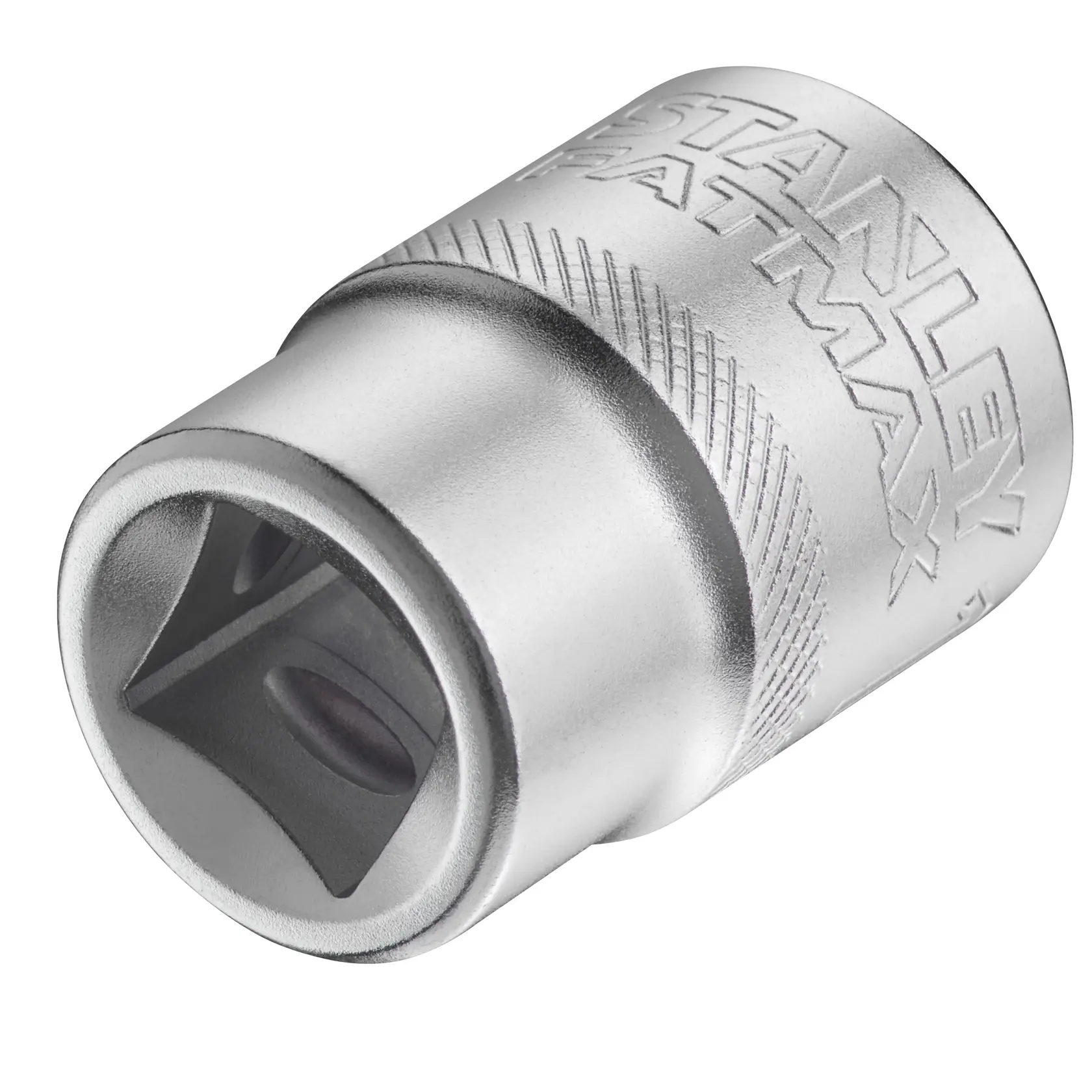 STANLEY FMMT17238-0 verchromter Steckschlüssel-Adapter, schräge Nahaufnahme mit eingraviertem Logo, Handwerkszubehör.