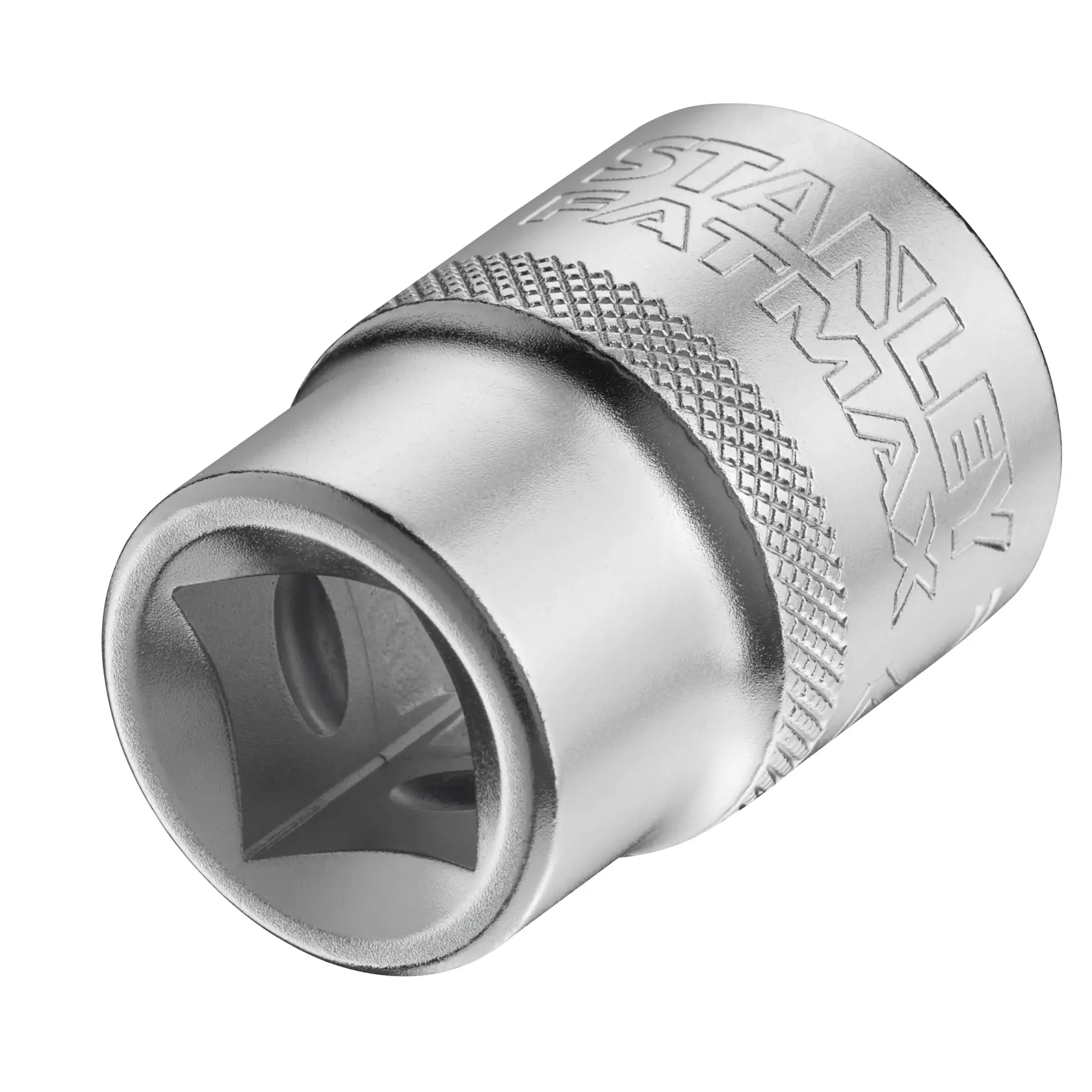 STANLEY FMMT17239-0 verchromte Stecknuss, Nahaufnahme im Winkel auf weißem Hintergrund, mit Logo und Rändelung.