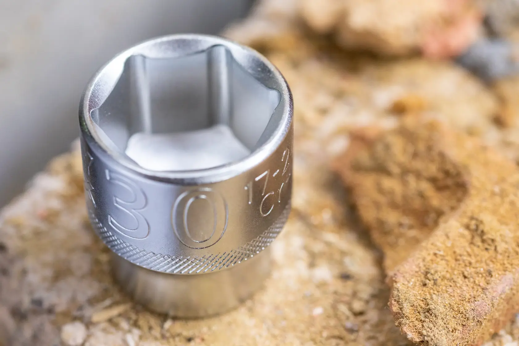 STANLEY FMMT17240-0 chrome socket, photography, close-up angle, textured grip, engraved size markings.