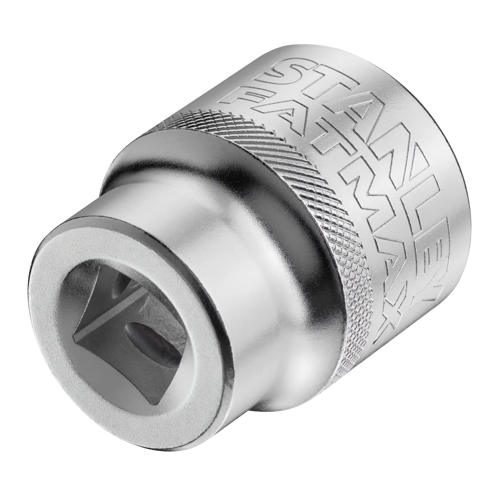 Foto von STANLEY FMMT17244-0 Stecknuss, Chrom-Finish, graviertes STANLEY FATMAX Logo, Nahaufnahme.