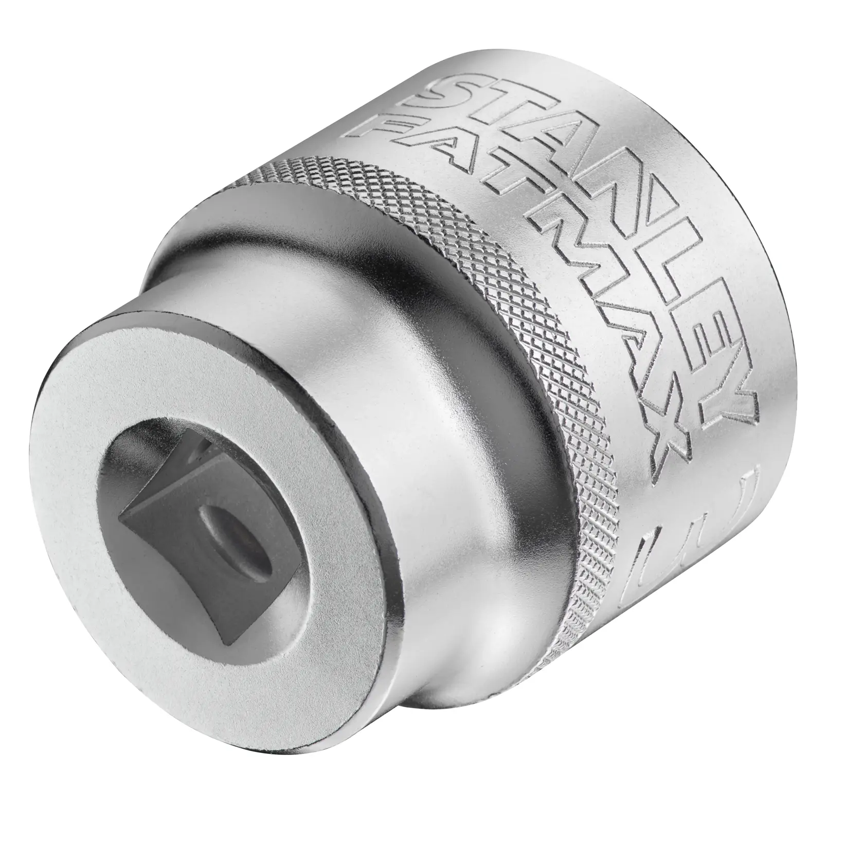 STANLEY FMMT17247-0 Chrom-Stecknussadapter, Nahaufnahme, schräger Blick auf weißem Hintergrund.