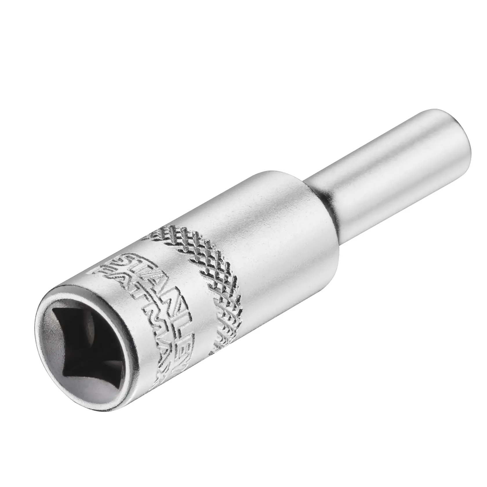 STANLEY FMMT17248-0 Steckschlüssel, silbernes Finish, Seitenansicht, mit gerändeltem Griff und Sechskant-Innenseite.