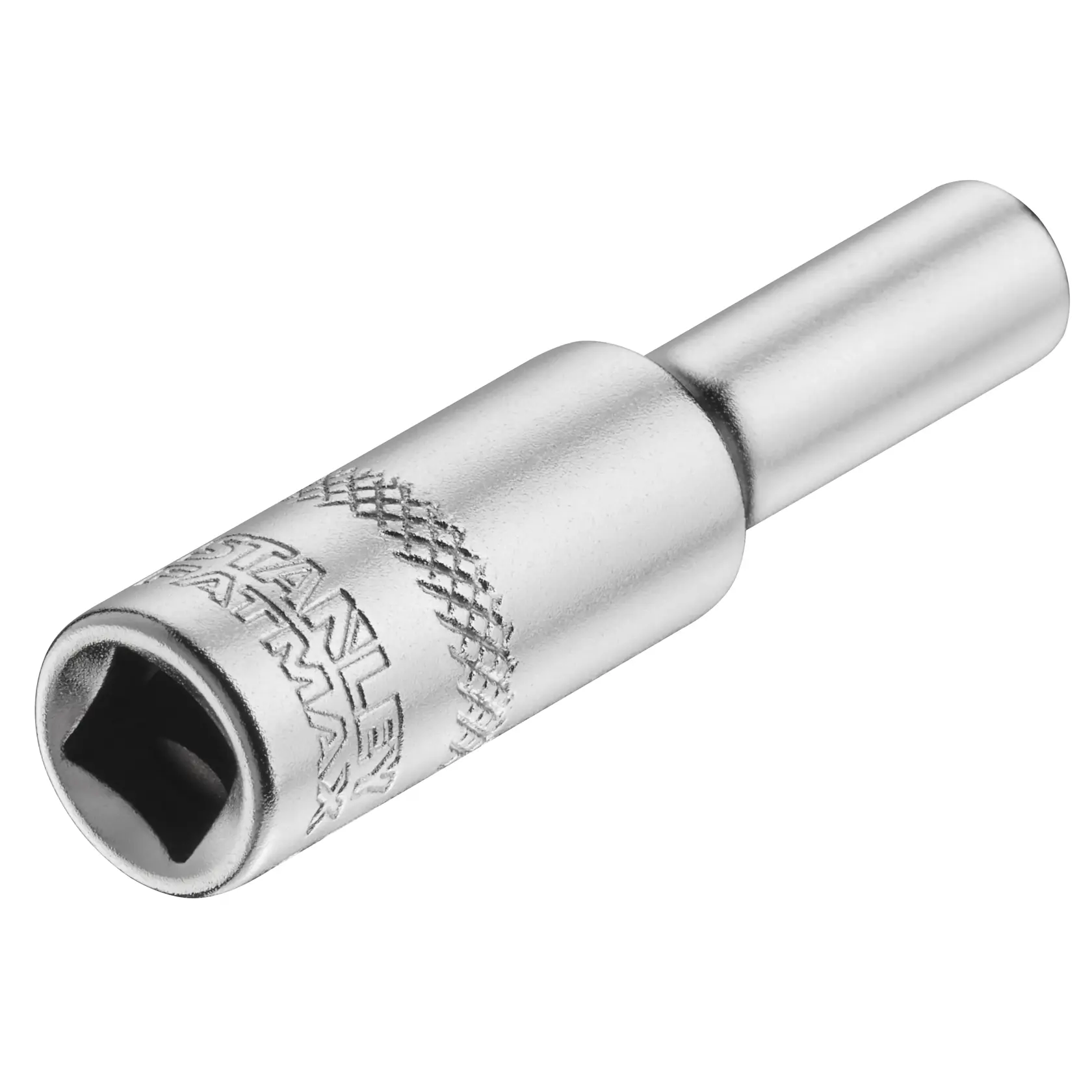 STANLEY FMMT17249-0 Stecknussadapter, silbernes Metall, Nahaufnahme, Rändelgriff, Fotografie.