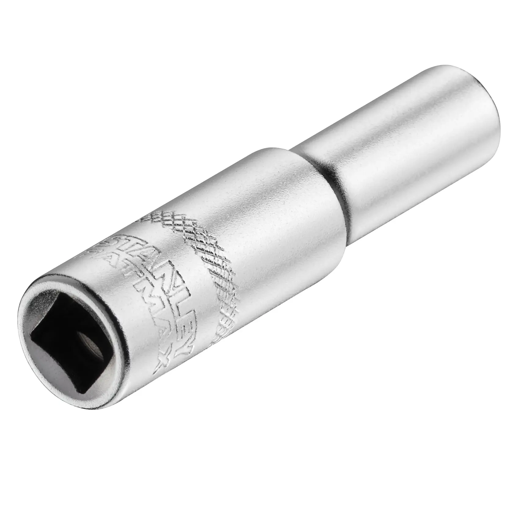 STANLEY FMMT17300-0 silberner Steckschlüssel auf weißem Hintergrund, Winkelansicht, gerändelter Griff, graviertes Logo.