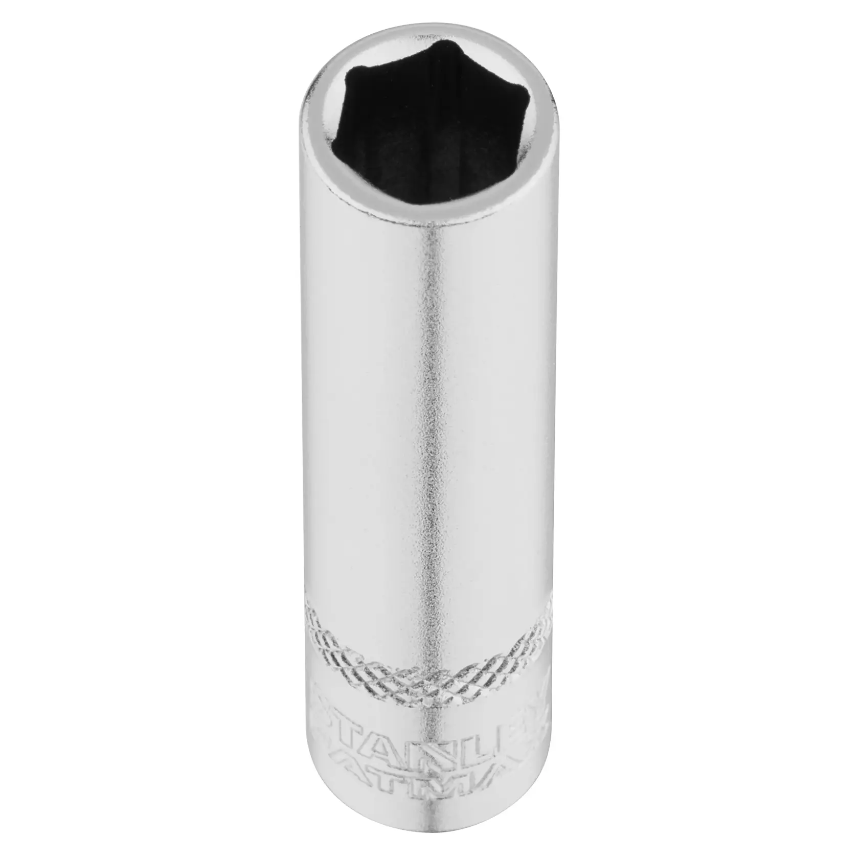 STANLEY FMMT17338-0 Chrom-Tief-Stecknuss, Frontalansicht, silbernes Finish, Werkzeugzubehör.