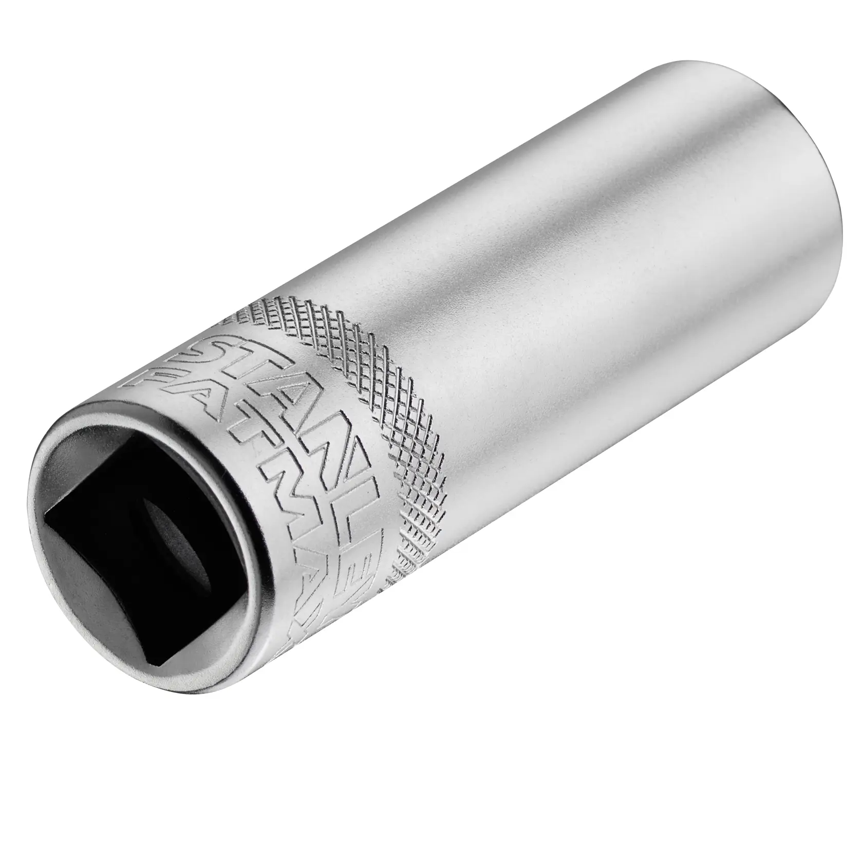 STANLEY FMMT17967-0 tiefe Chrom-Stecknuss, graviertes Logo, Seitenansicht auf weißem Hintergrund.