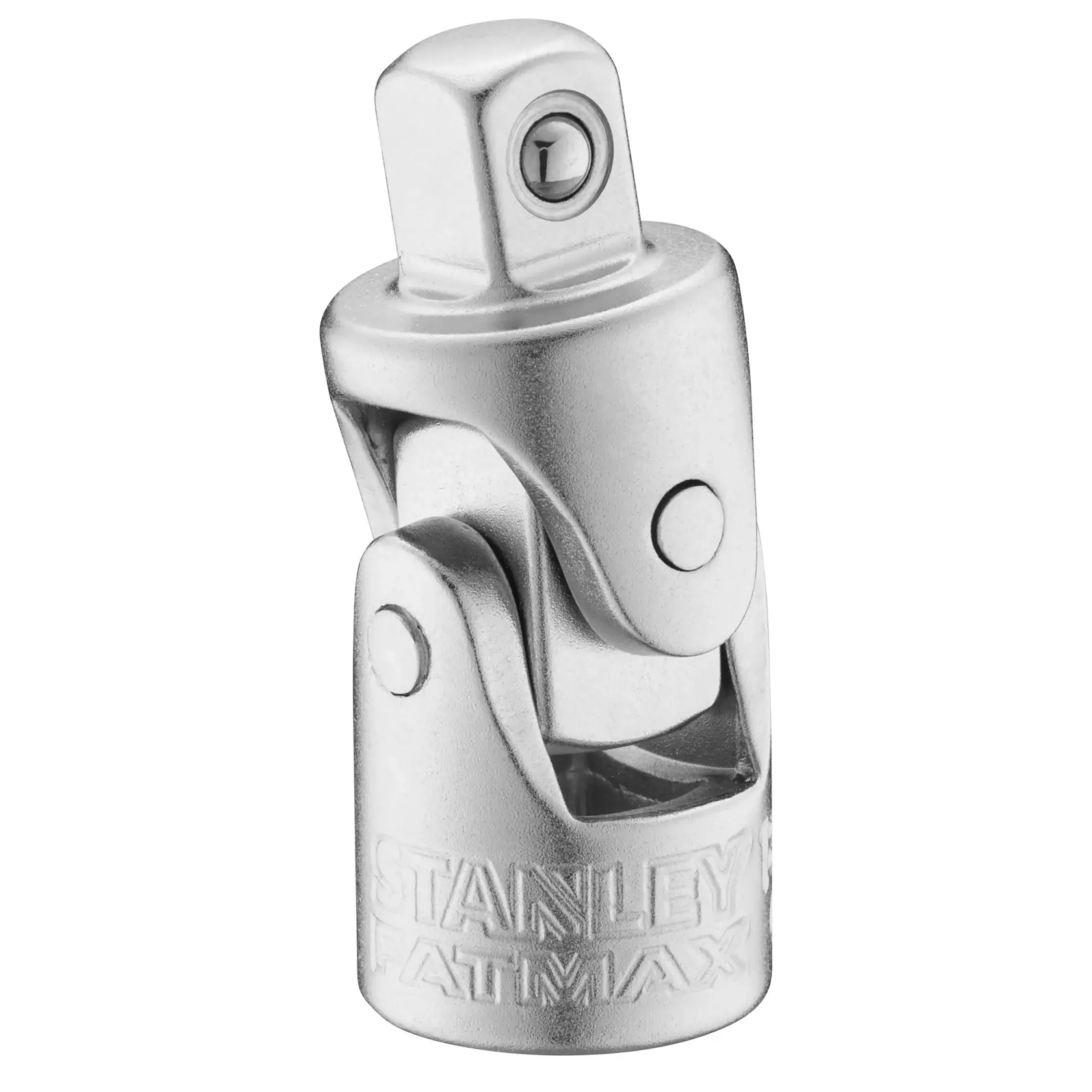 Foto des STANLEY FMMT18008-0 Universal-Gelenk-Adapters, silbernes Finish, Frontalansicht auf weißem Hintergrund.