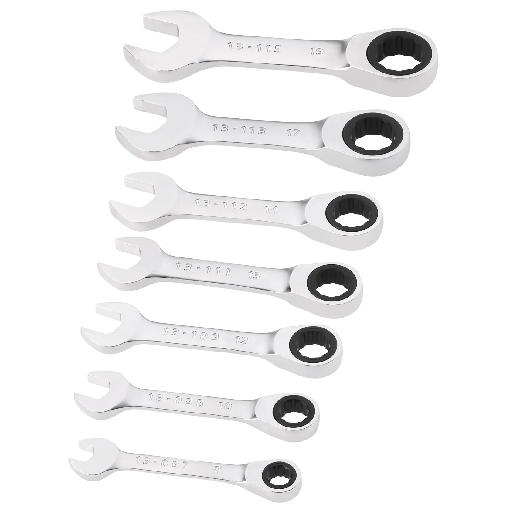 STANLEY FMMT82900-0 Set aus sieben Ratschen-Ringmaulschlüsseln, Chrom-Finish, Draufsicht auf weißem Hintergrund.