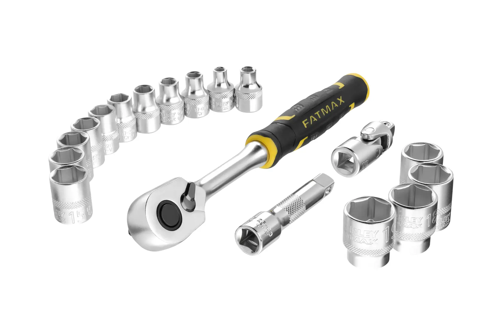STANLEY FMMT98102-0 socket set with ratchet, extension bar, and multiple sockets, angled view on white background.