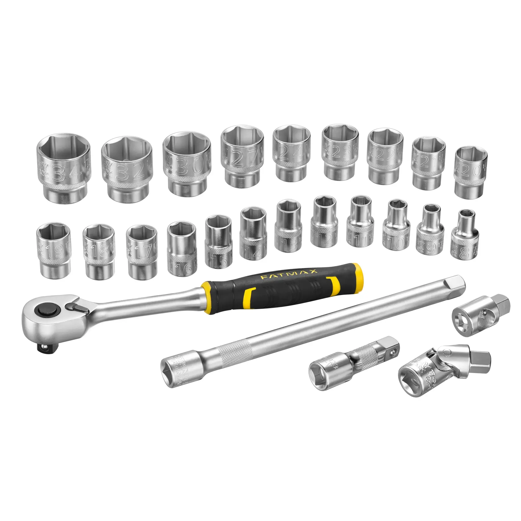 STANLEY FMMT98103-1 Steckschlüssel-Set mit Ratsche, Verlängerungsstangen, Adaptern und mehreren Stecknüssen, Draufsicht auf Weiß.