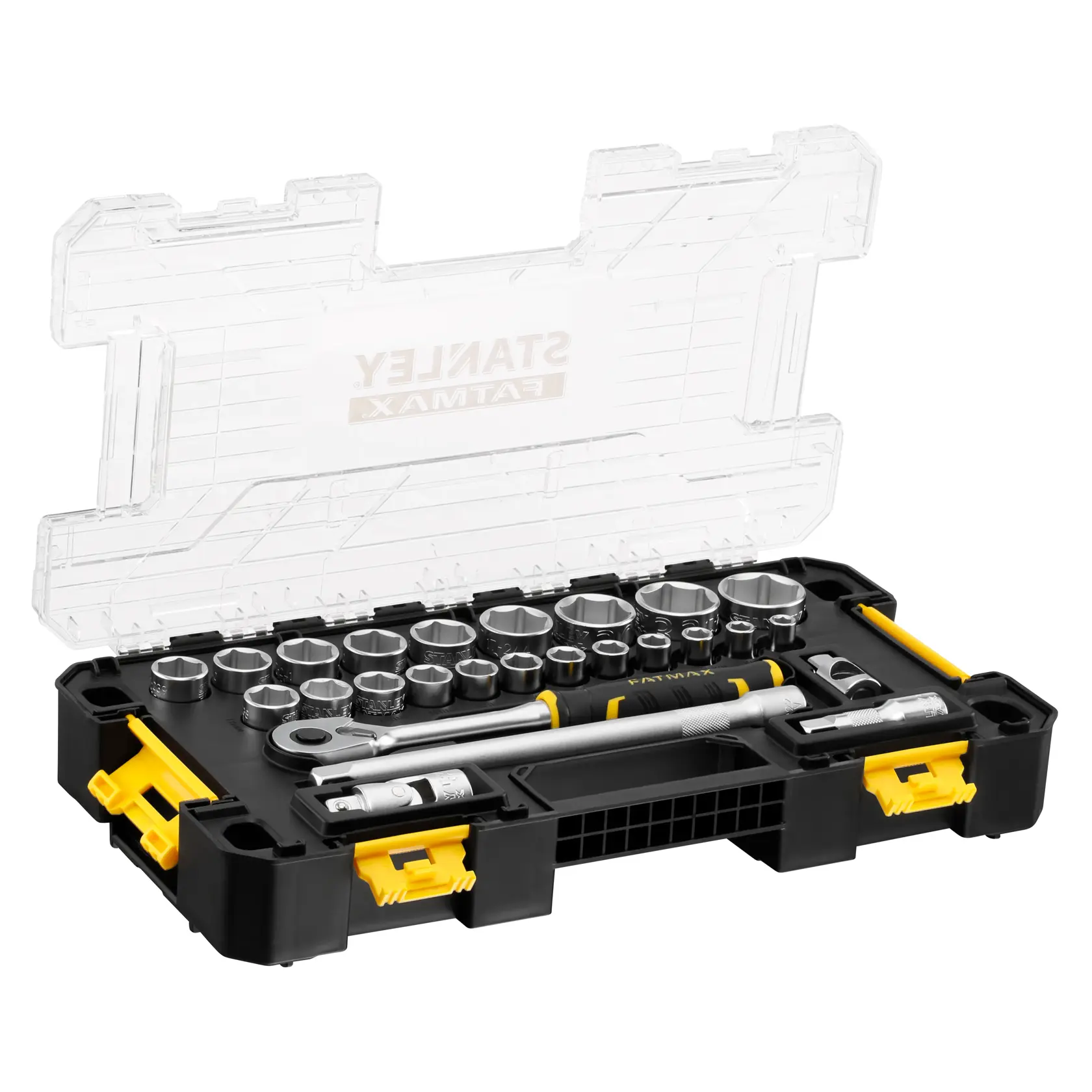 Socket and ratchet tool set in black plastic case with clear lid and yellow latches, arranged in rows.