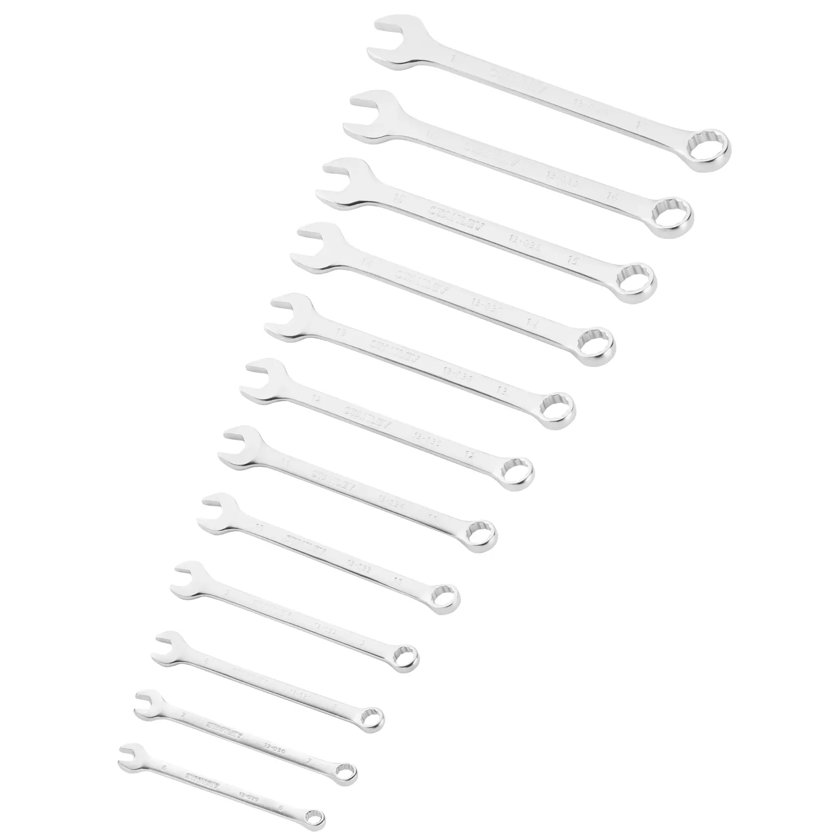 STANLEY FMMT98104-0 combination wrench set, 12 chrome wrenches, angled view, on white background.