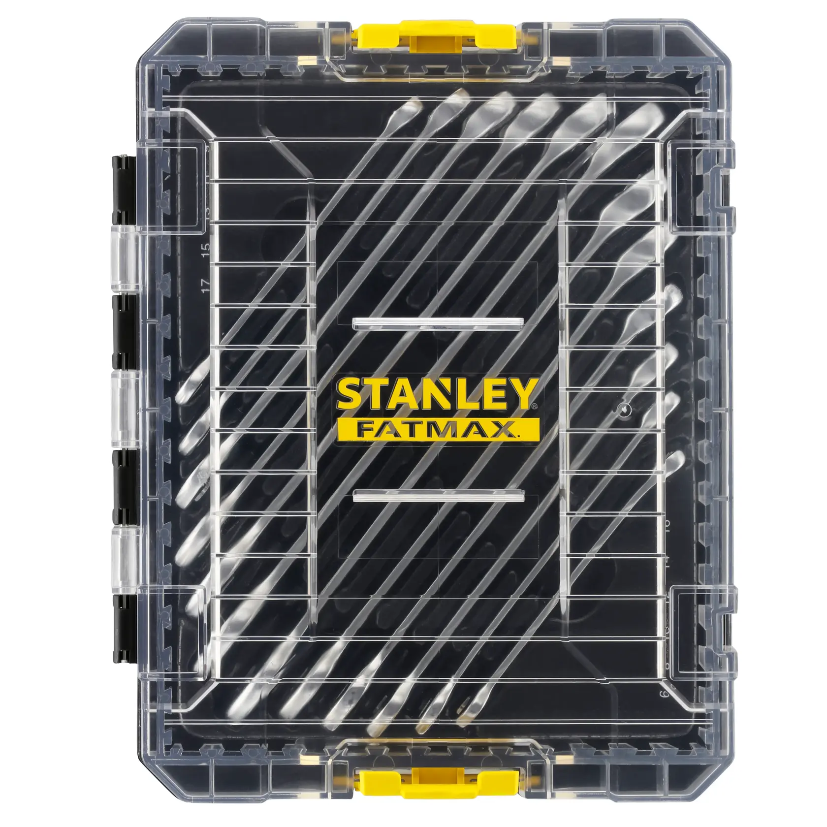 STANLEY FMMT98104-0 compartment organizer box, clear lid with yellow latch, photographed from above.