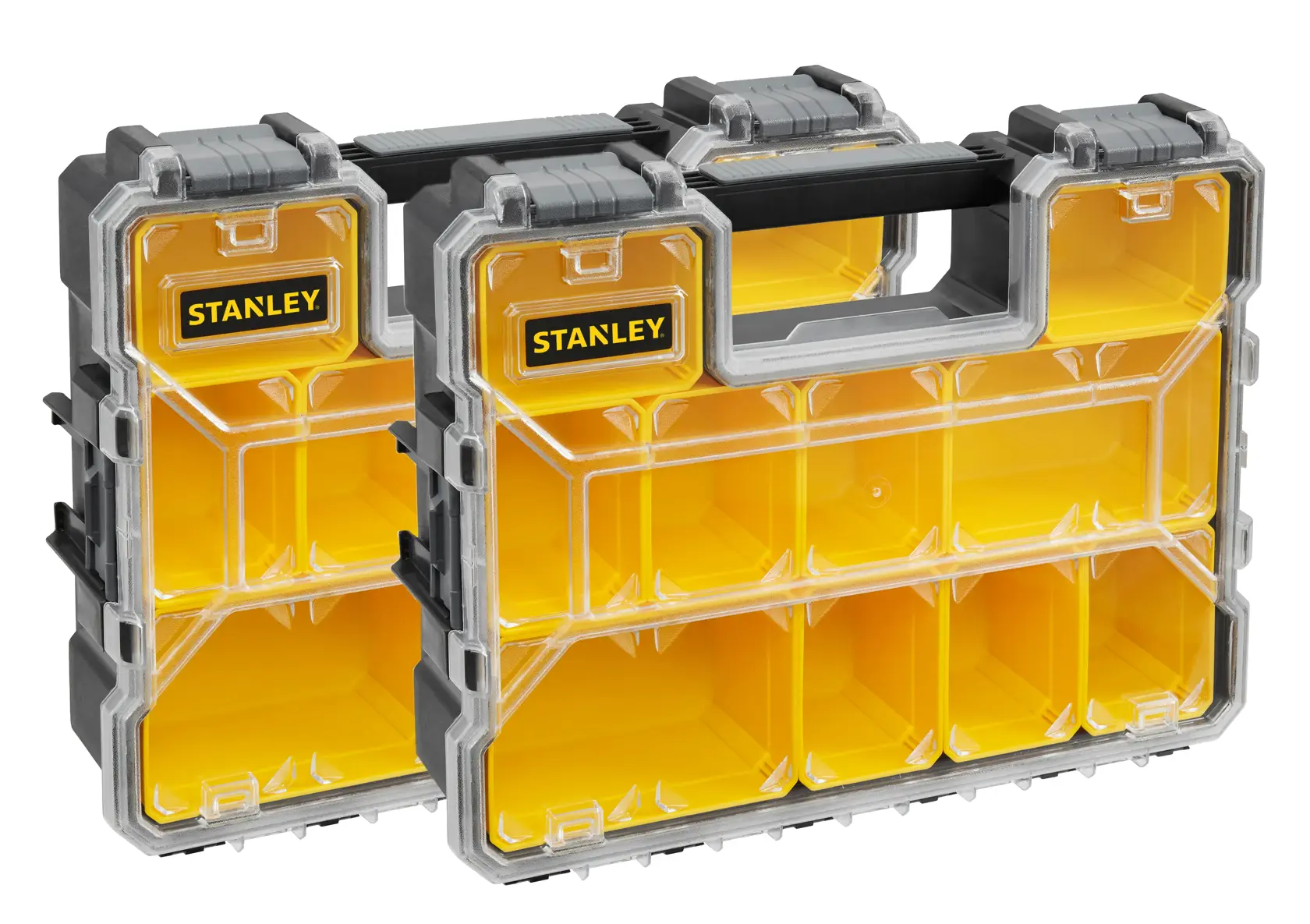 STANLEY FMST1-70740 gelbe und transparente Kunststoff-Organizer mit Griff, Vorderansicht, Fotografie
