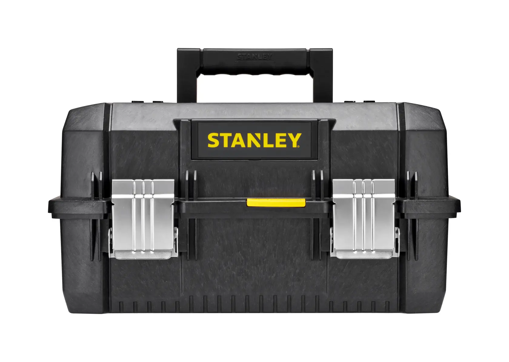 STANLEY FMST1-71219 schwarze Werkzeugbox mit Metallverschlüssen, gelbes Logo, Frontansicht auf weißem Hintergrund.