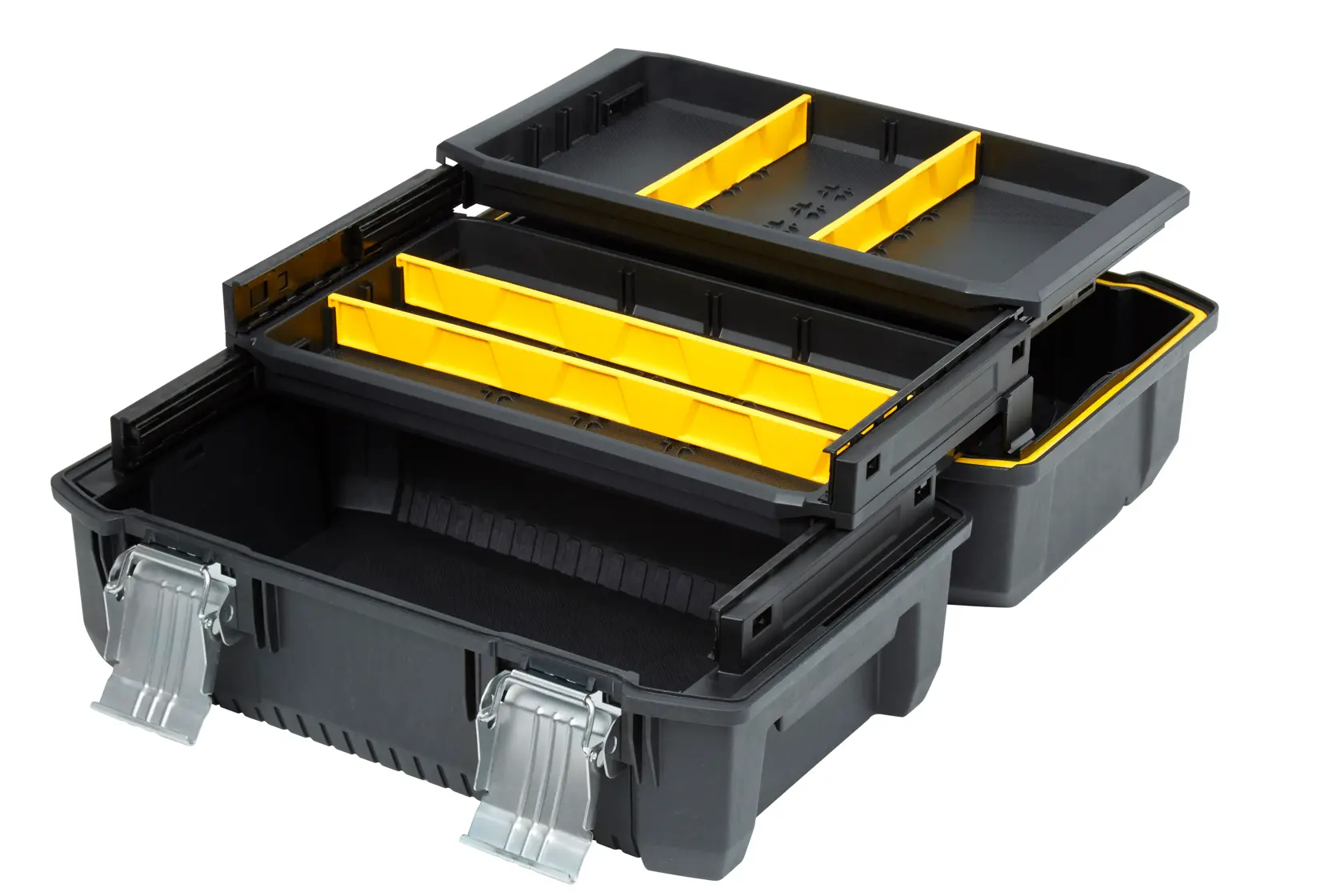 STANLEY FMST1-71219 Werkzeugkasten mit offenen Fächern, schwarz-gelb, schräg auf weißem Hintergrund.